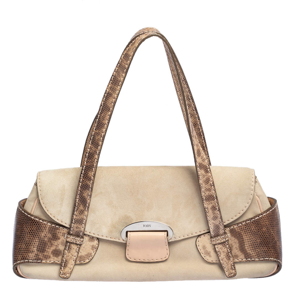Pre Owned Tod's Beige Suede And Snakeskin Leather Baguette