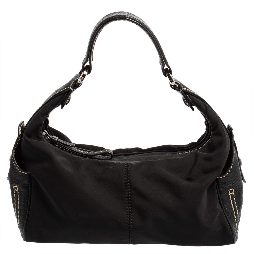 Tod's Black Nylon and Leather Zip Shoulder Bag
