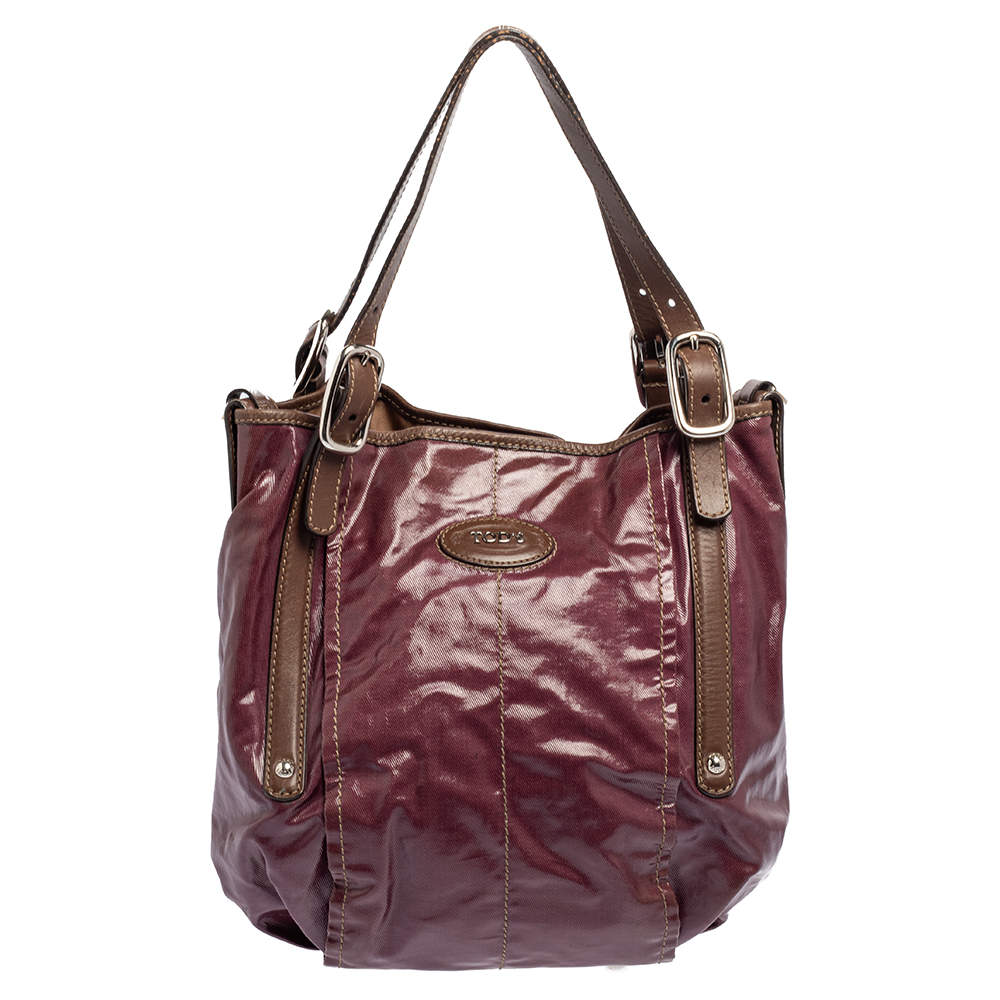 Pre Owned حقيبة كتف تودز جلد وكانفاس مقوى بنفسجي / بني