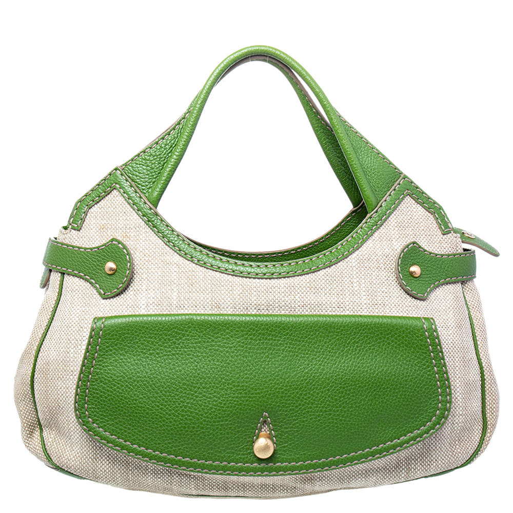 Pre Owned حقيبة هوبو تودز جلد وكانفاس أخضر/ بيج