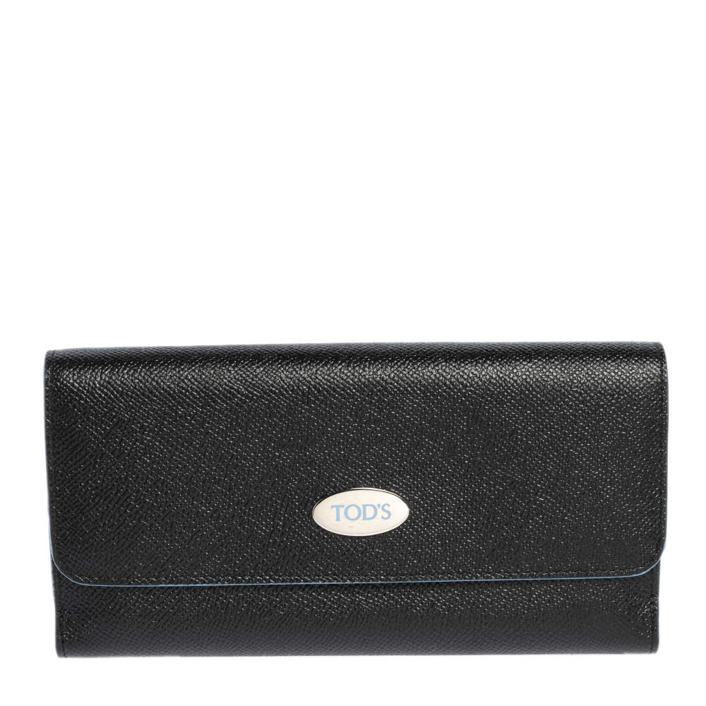 Pre Owned Tod's Black Leather Plaque Logo Continental Flap Wallet