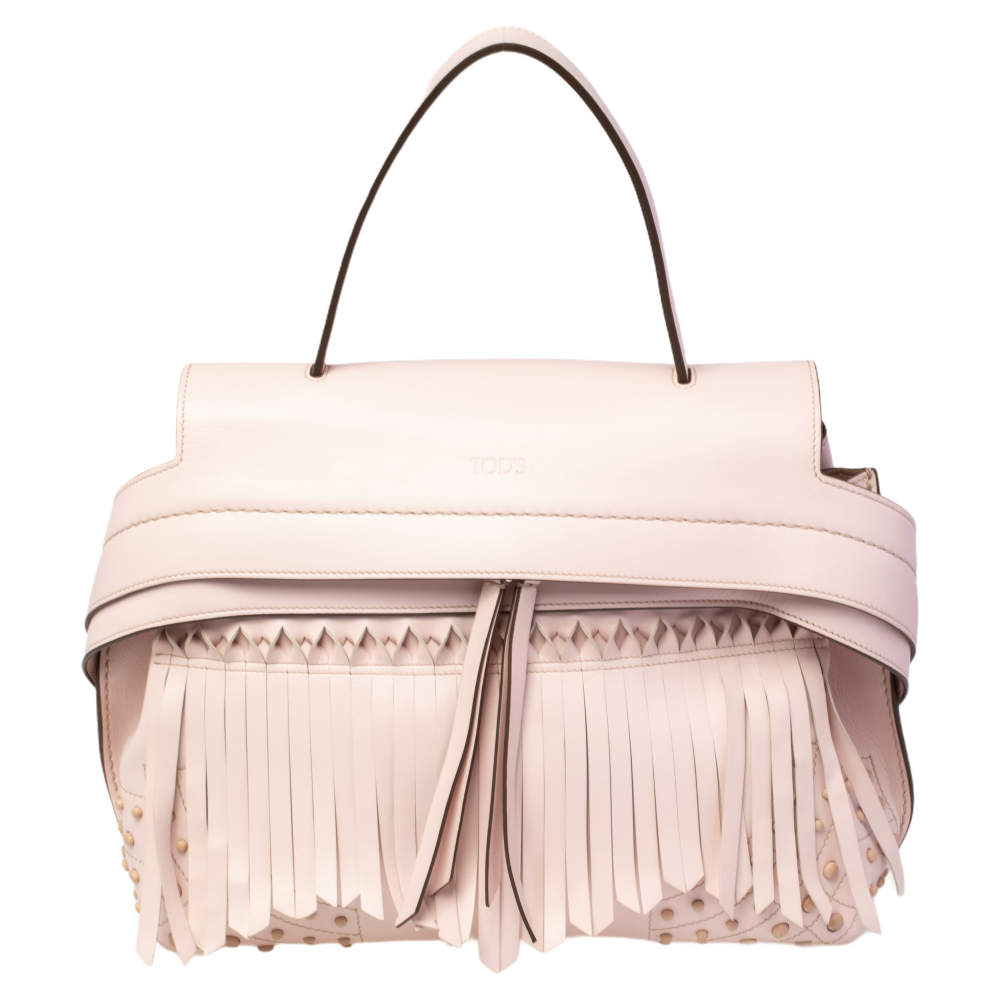 Tod's Light Pink Leather Origami Fringed Top Handle Bag