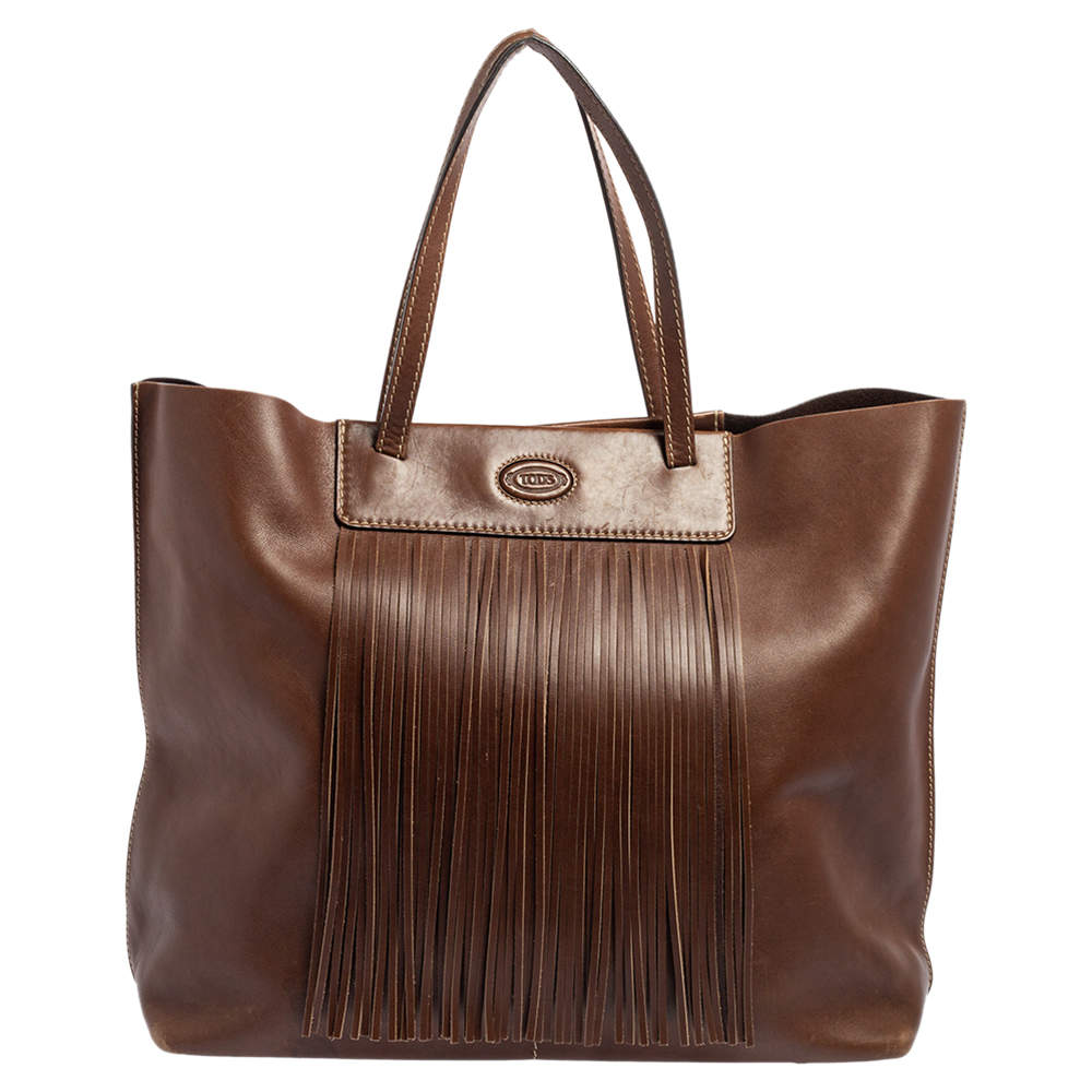 مملوكة مسبقًا Tod's Brown Leather Fringe Media Shopper Tote