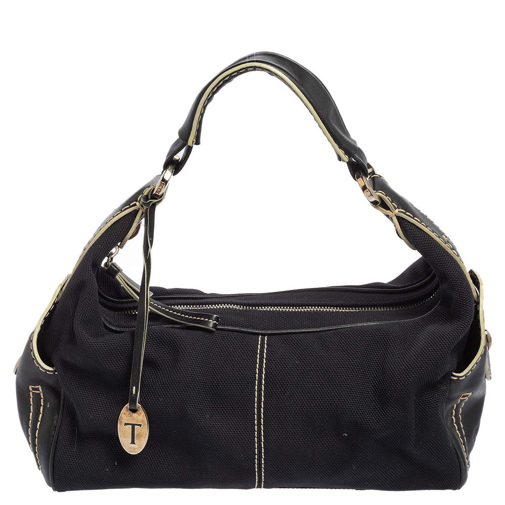 Pre Owned حقيبة كتف تودز كانفاس وجلد أسود 