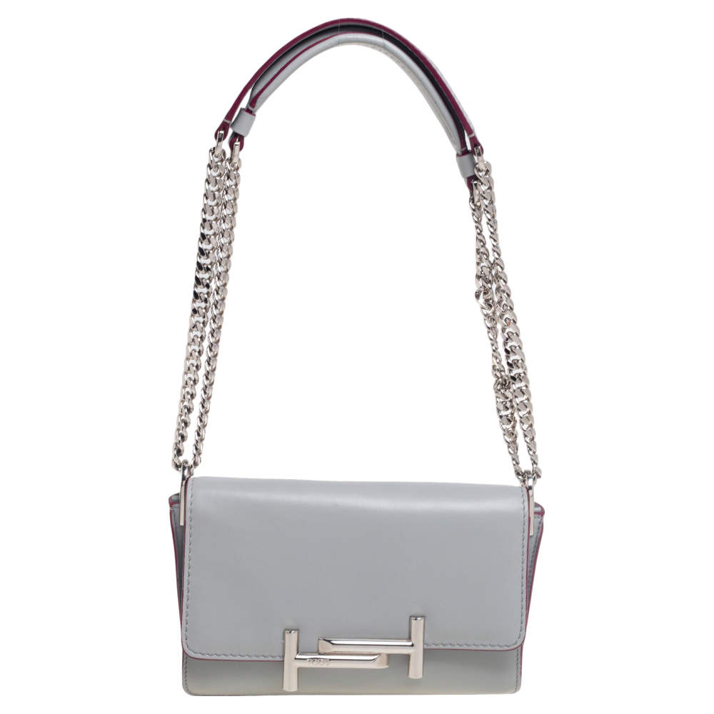 Pre Owned Tod's Grey Leather Mini Double T Shoulder Bag