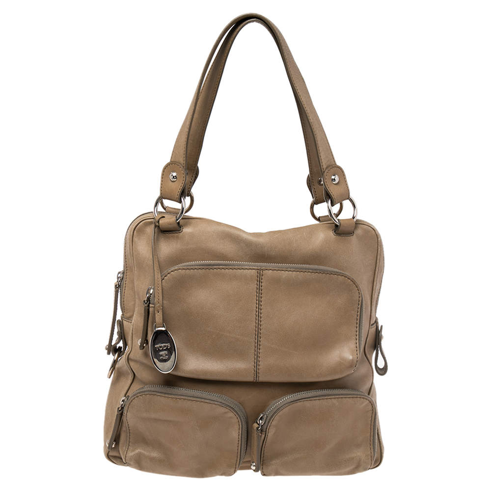 Pre Owned Tod's Khaki Beige Leather Multi Pocket Satchel