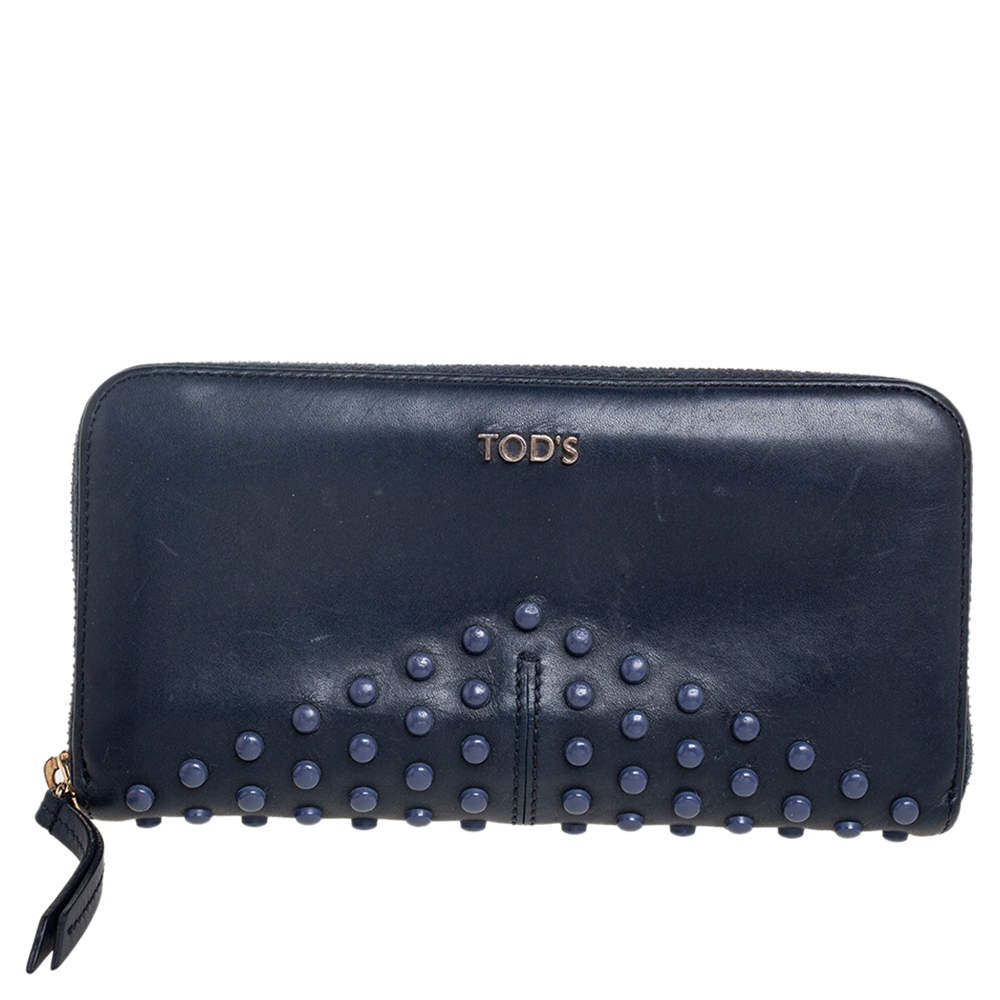 Tod's Navy Blue Leather Gommini Zip Around Continental Wallet
