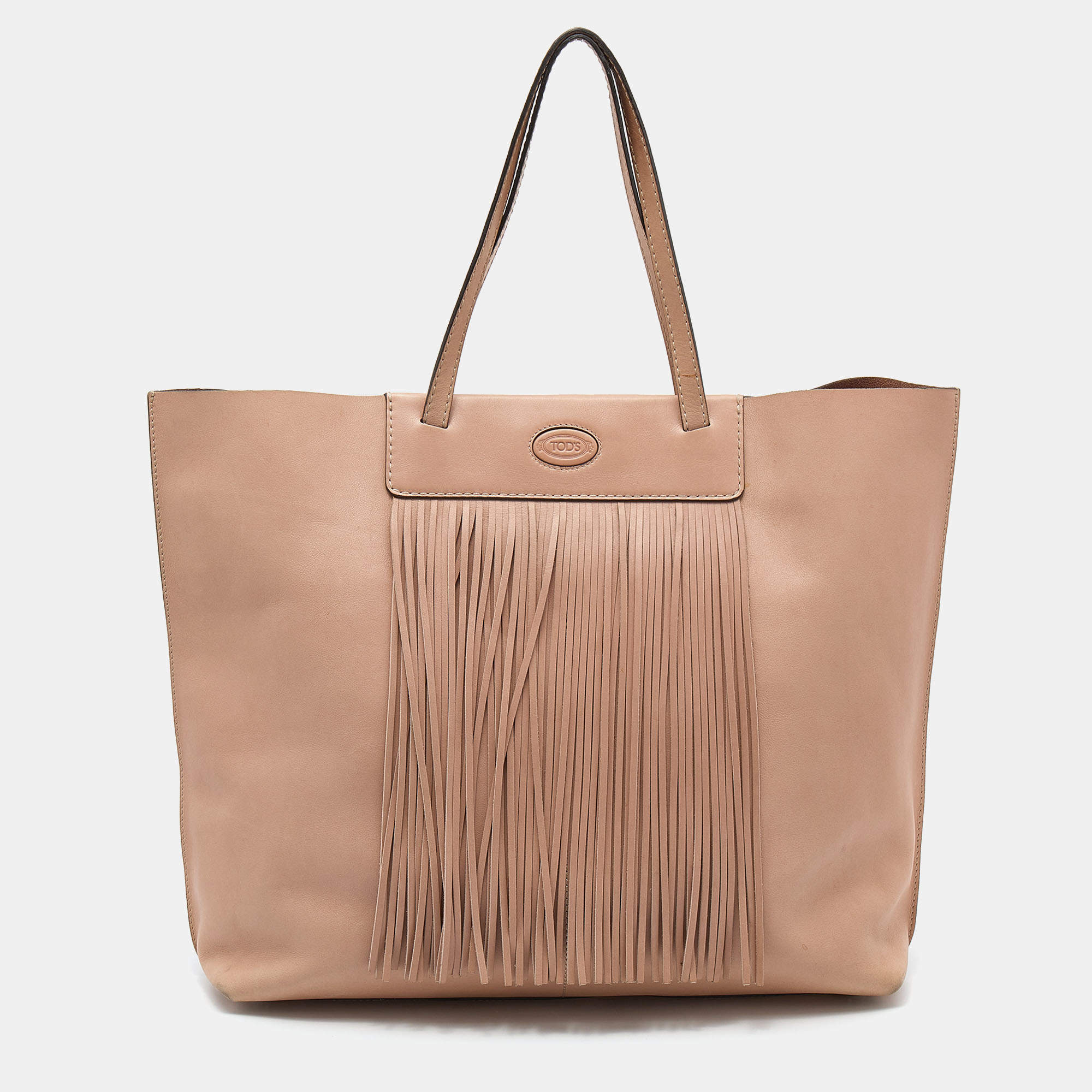مملوكة مسبقًا Tod's Beige Leather Fringe Media Shopper Tote