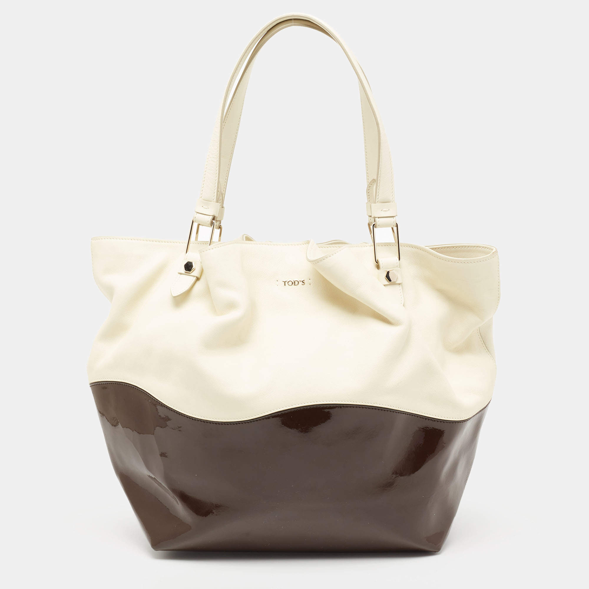 Tod's Cream/Brown Leather and Patent Leather Medium Flower Tote