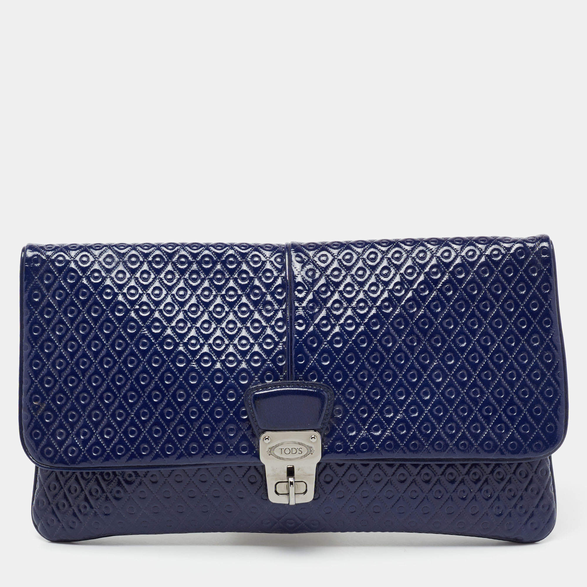 Tod's Blue Signature Embossed Patent Leather Turnlock Flap Clutch