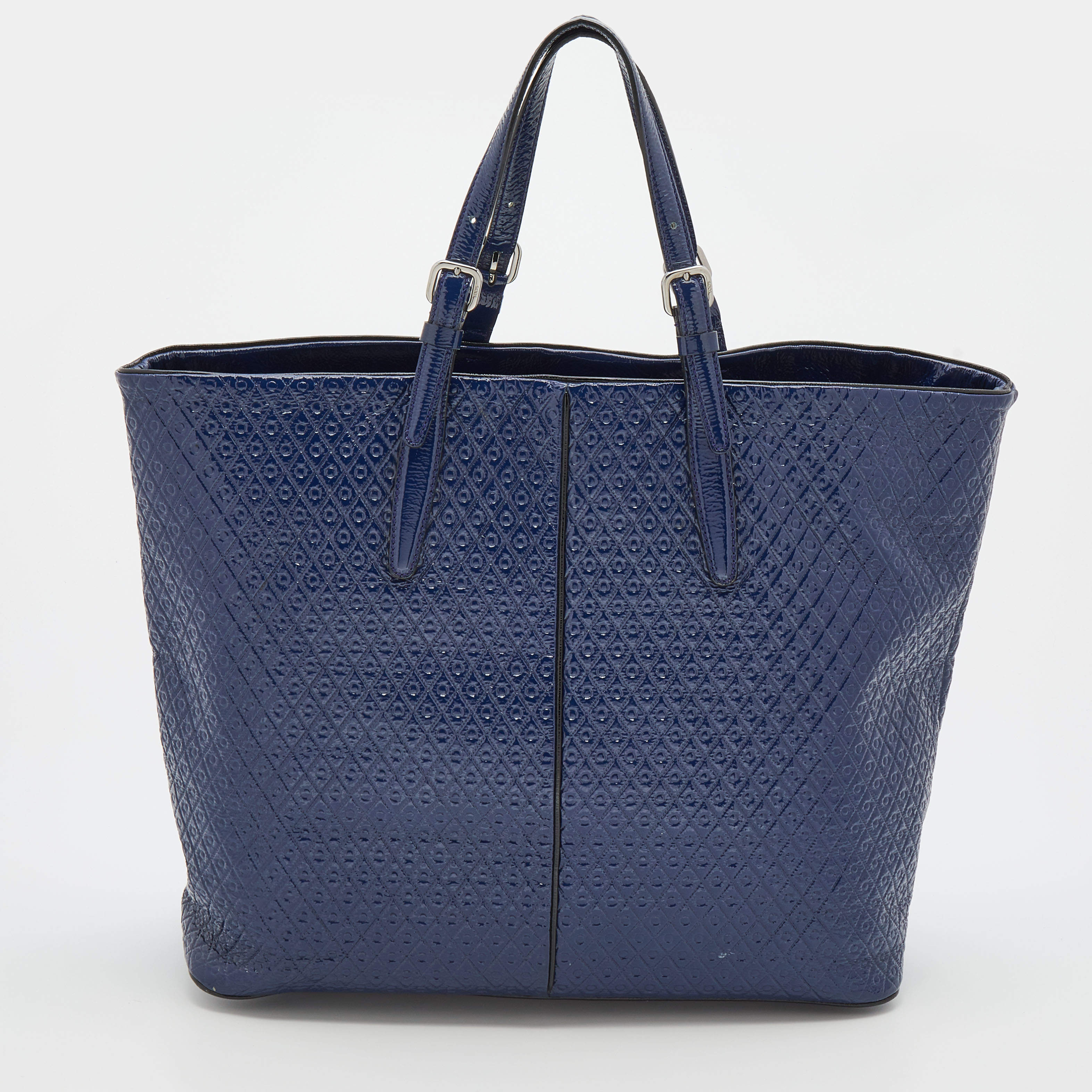 Tod's Navy Blue Patent Leather Signature Shopper Tote