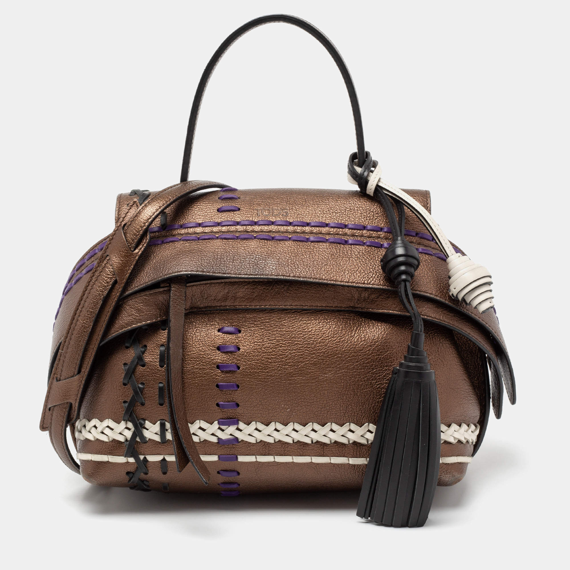 Tod's Metallic Bronze Leather Small Stitched Wave Top Handle Bag
