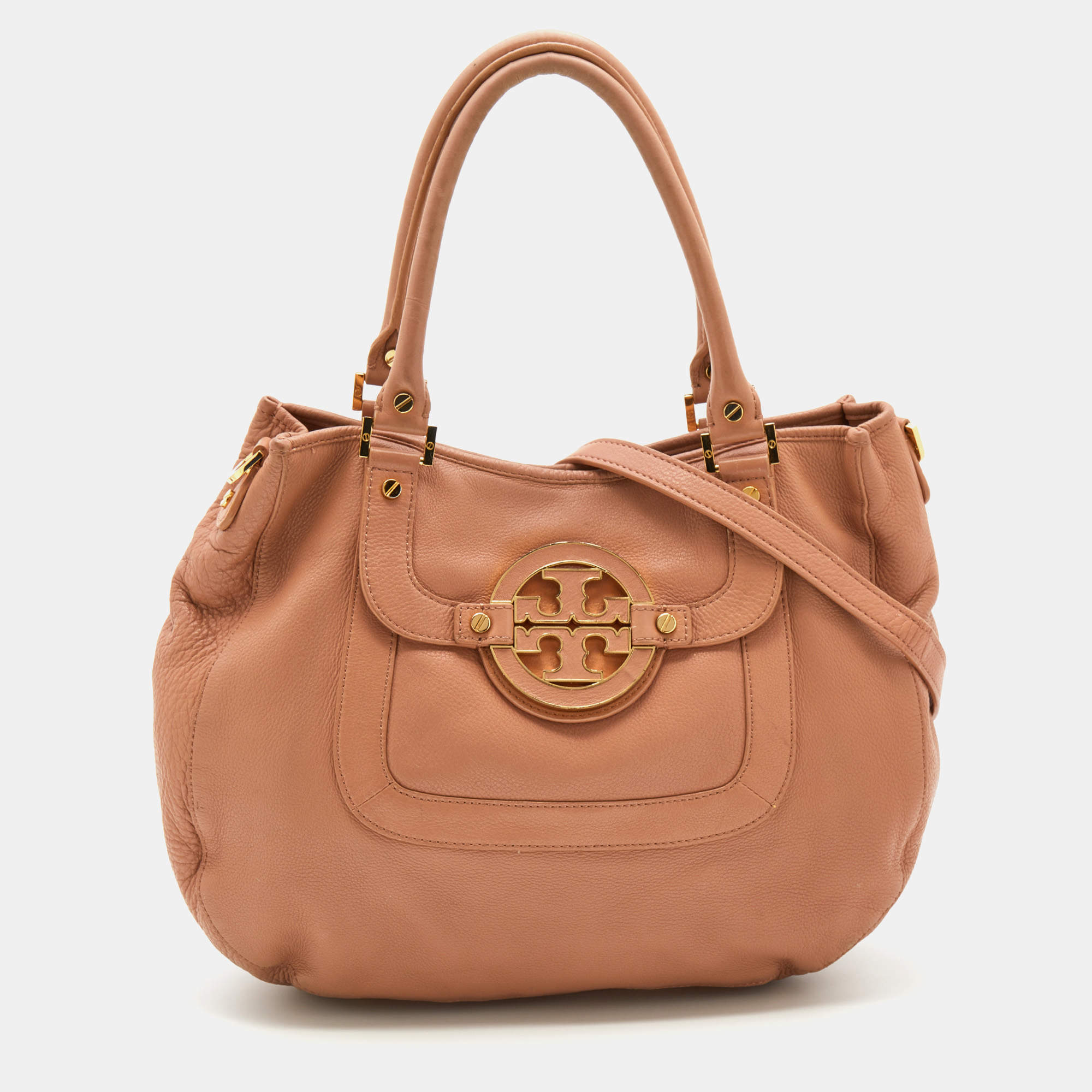 Pre Owned Tory Burch Peach Leather Amanda Hobo