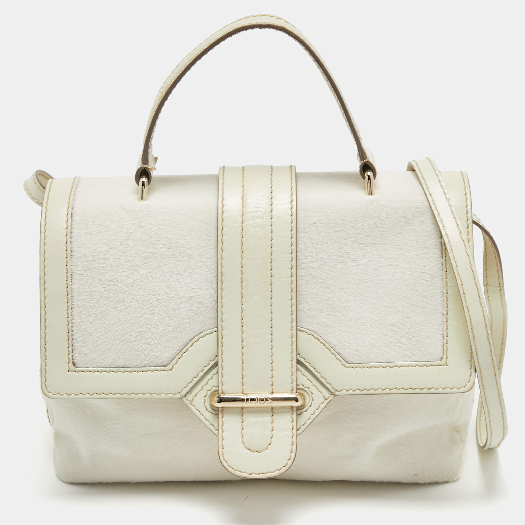 Tod's  White Calf Hair and Leather Flap Top Handle Bag