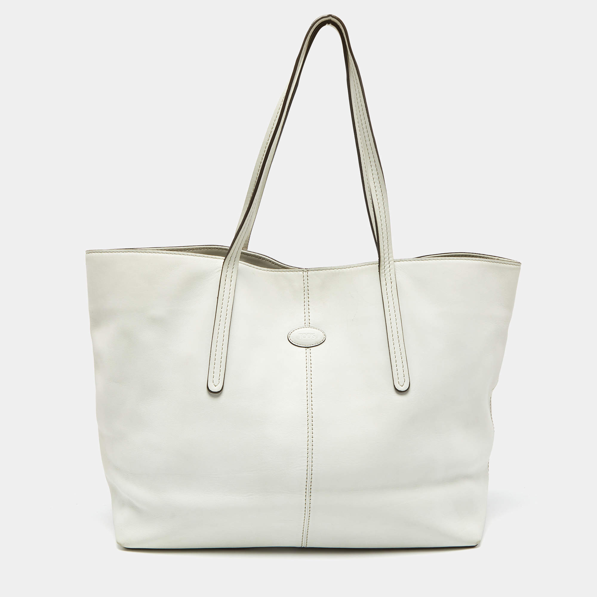 Pre Owned Tod's White Leather Logo Shopper Tote