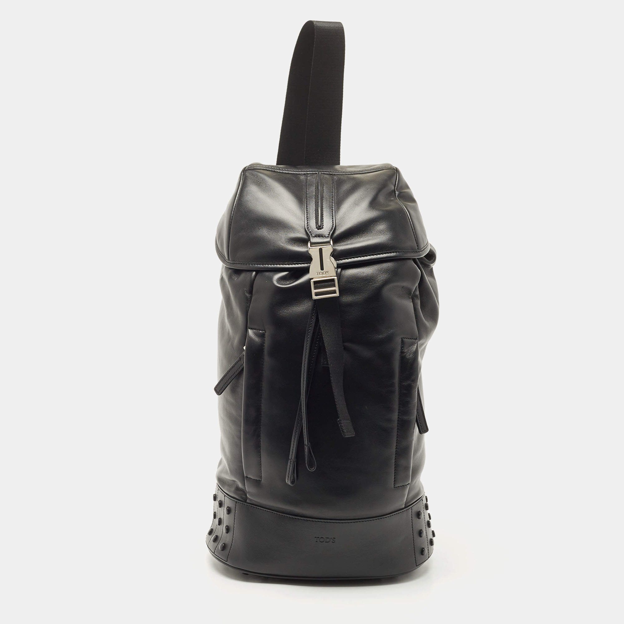 Tod's Black Leather Drawstring Flap Backpack