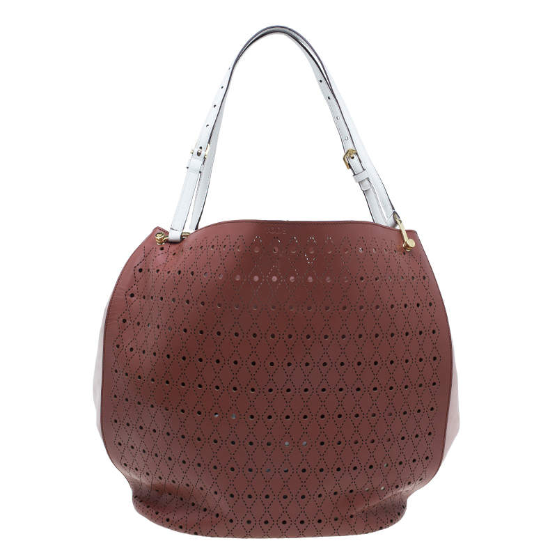 Pre Owned Tod's Brown Two Tone Perforated Leather Signature Secchiello Traforo Tote + Clutch