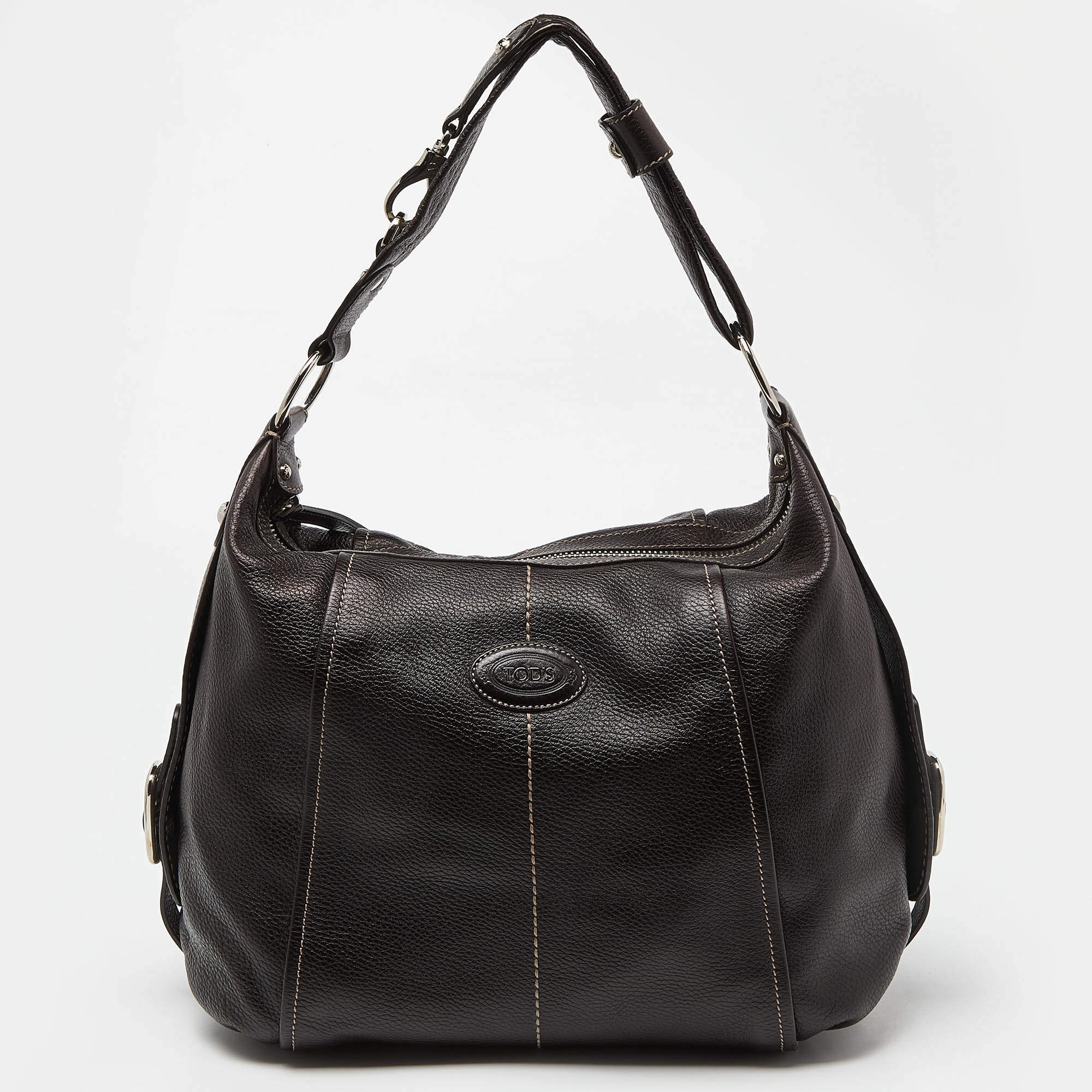 Tod's Dark Brown Leather Side Buckle Hobo