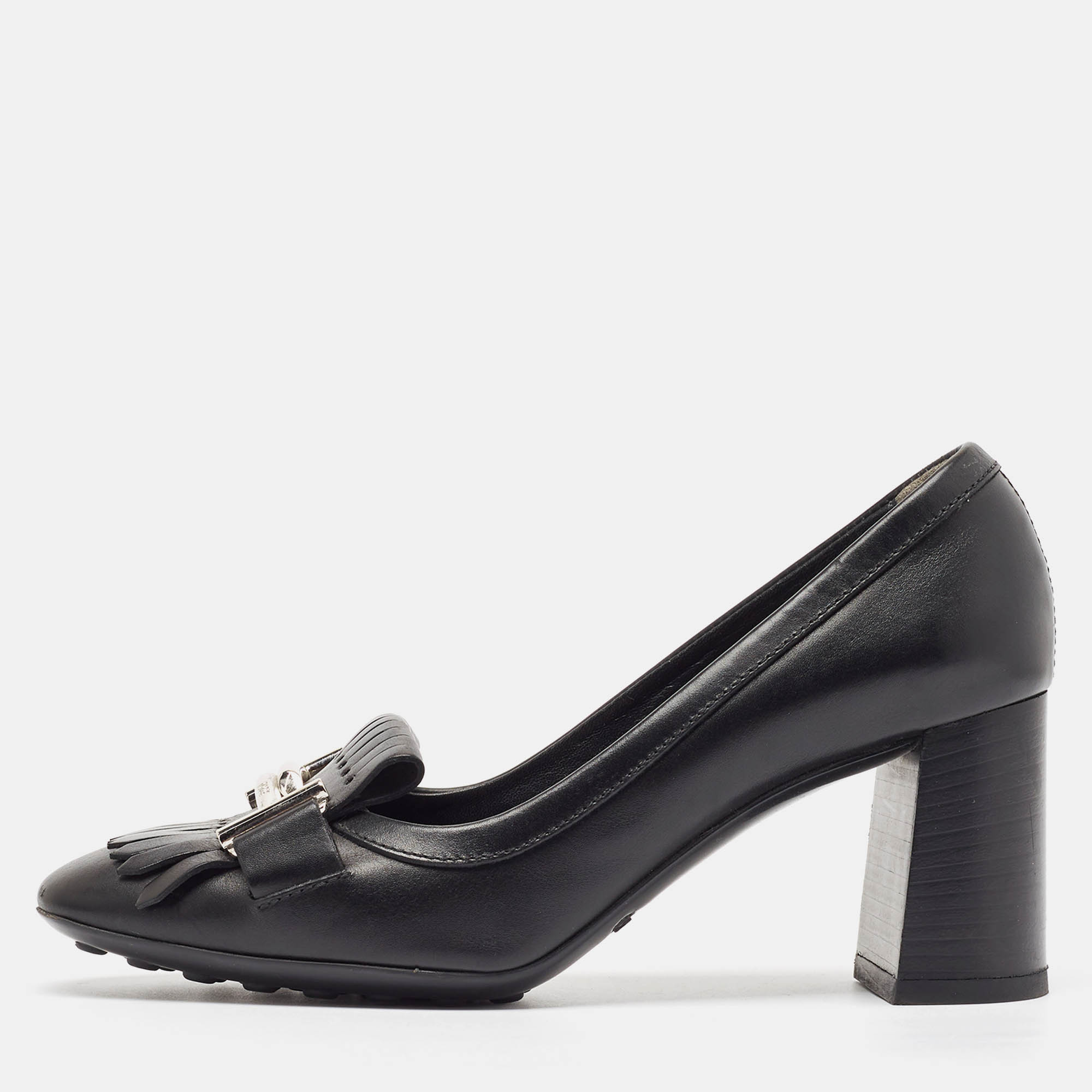 مملوكة مسبقًا Tod's Black Leather Double T Buckle Fringed Loafer Pumps Size 36