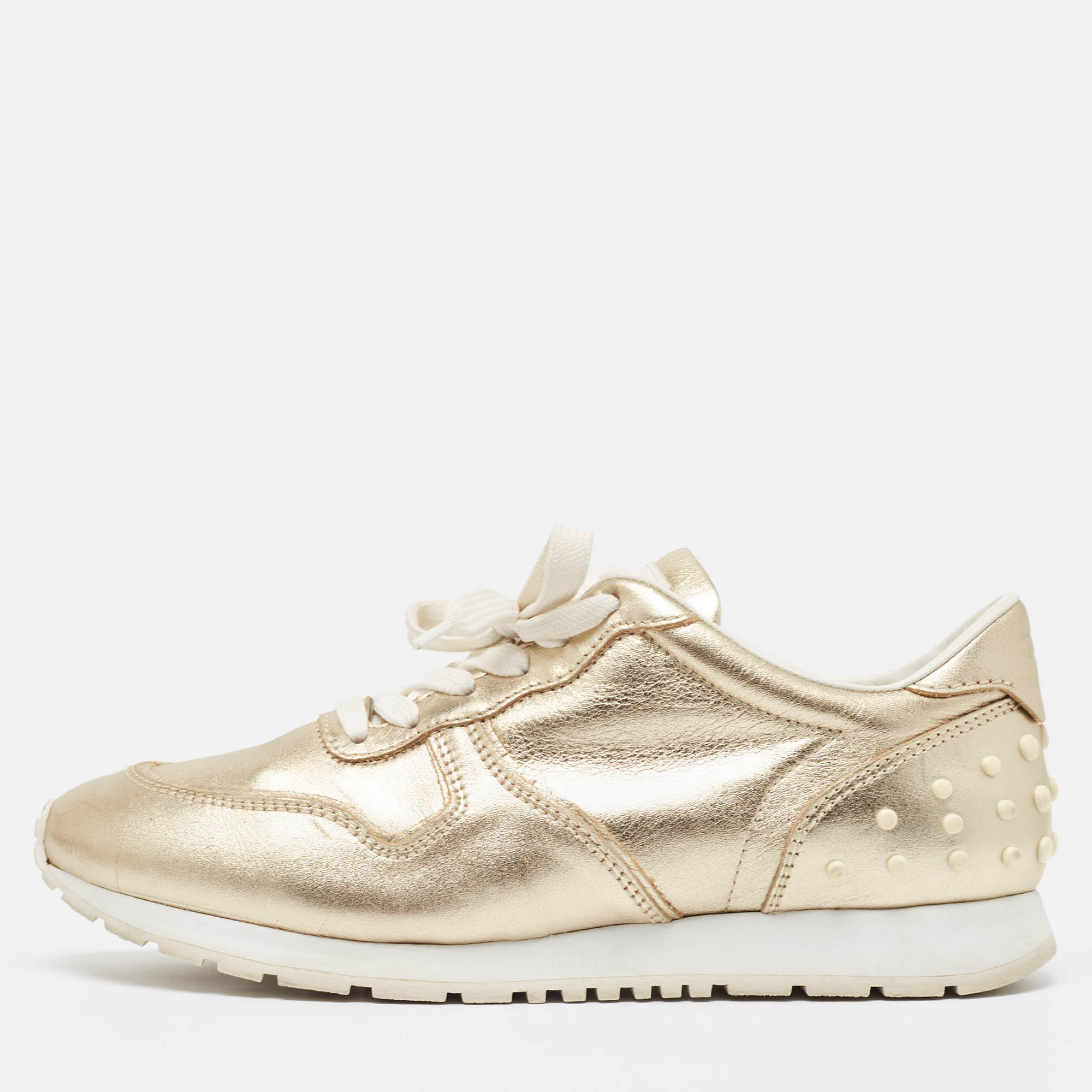 Pre Owned Tod's Gold Leather Lace Up Sneakers Size 39