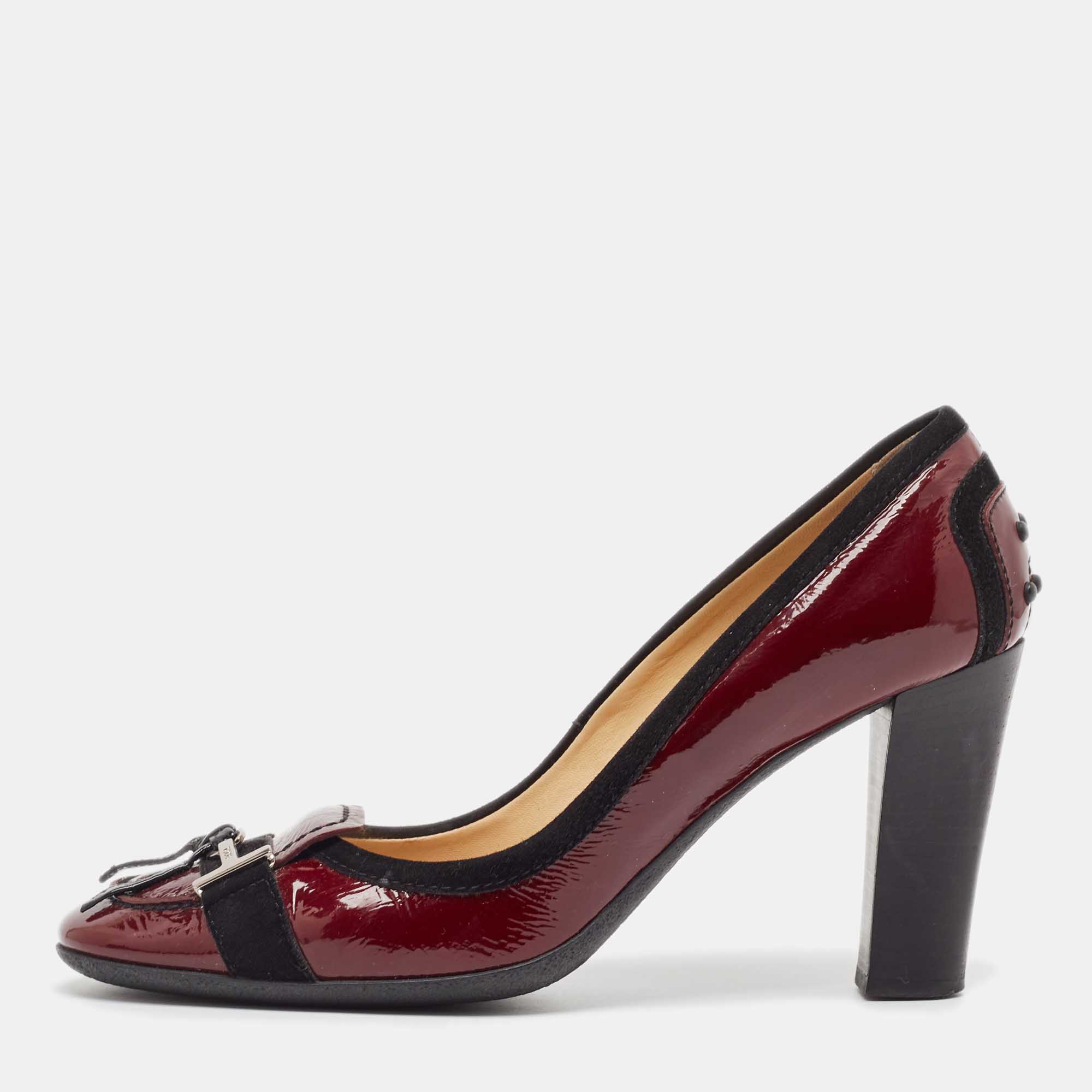 Pre Owned Tod's Burgundy Patent Leather Buckle Detail Loafer Pumps Size 38.5