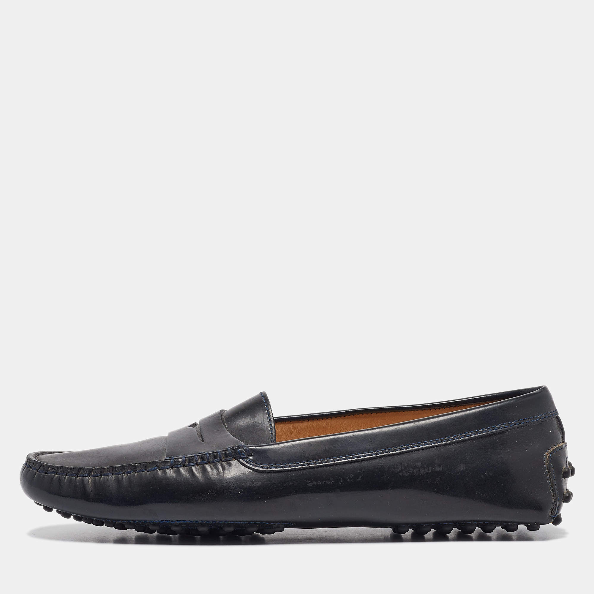 Tod's Dark Navy Blue Patent Leather Penny Loafers Size 39.5