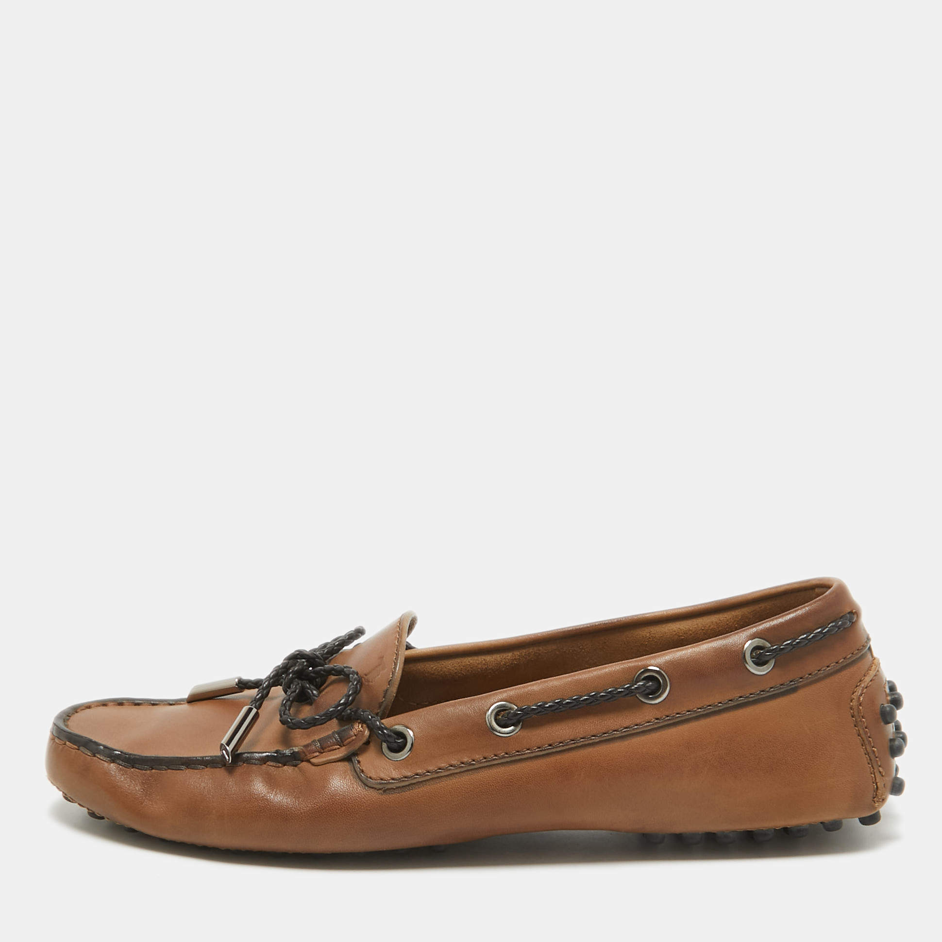 مملوكة مسبقًا Tod's Brown Leather Gommini Bow Loafers Size 36
