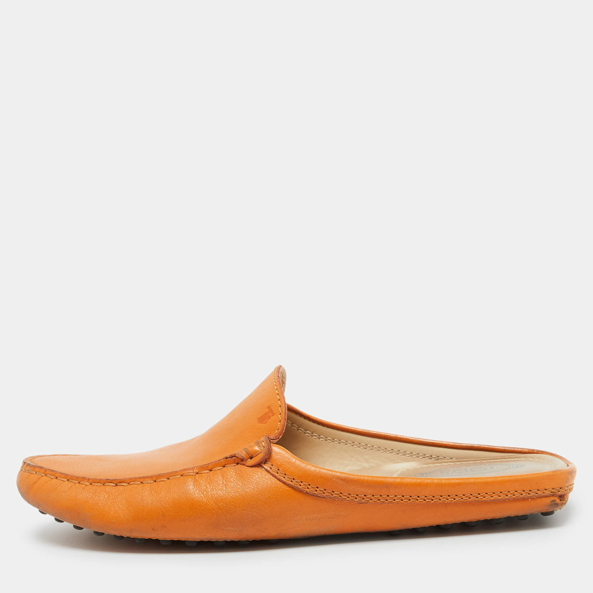 Tod's Orange Leather Flat Loafer Mules Size 37.5