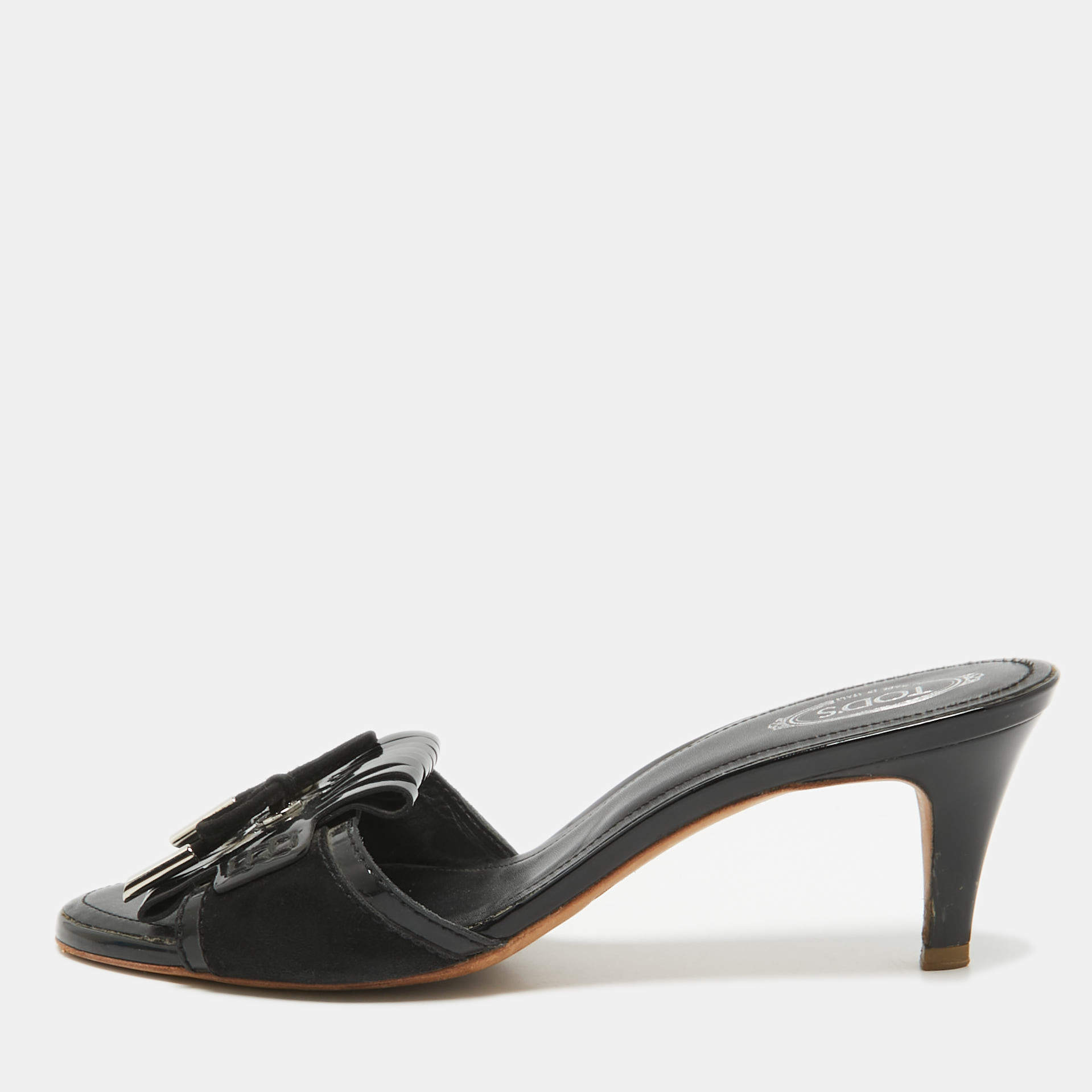 Tod's Black Patent Leather and Suede Fringe Slide Sandals Size 38.5