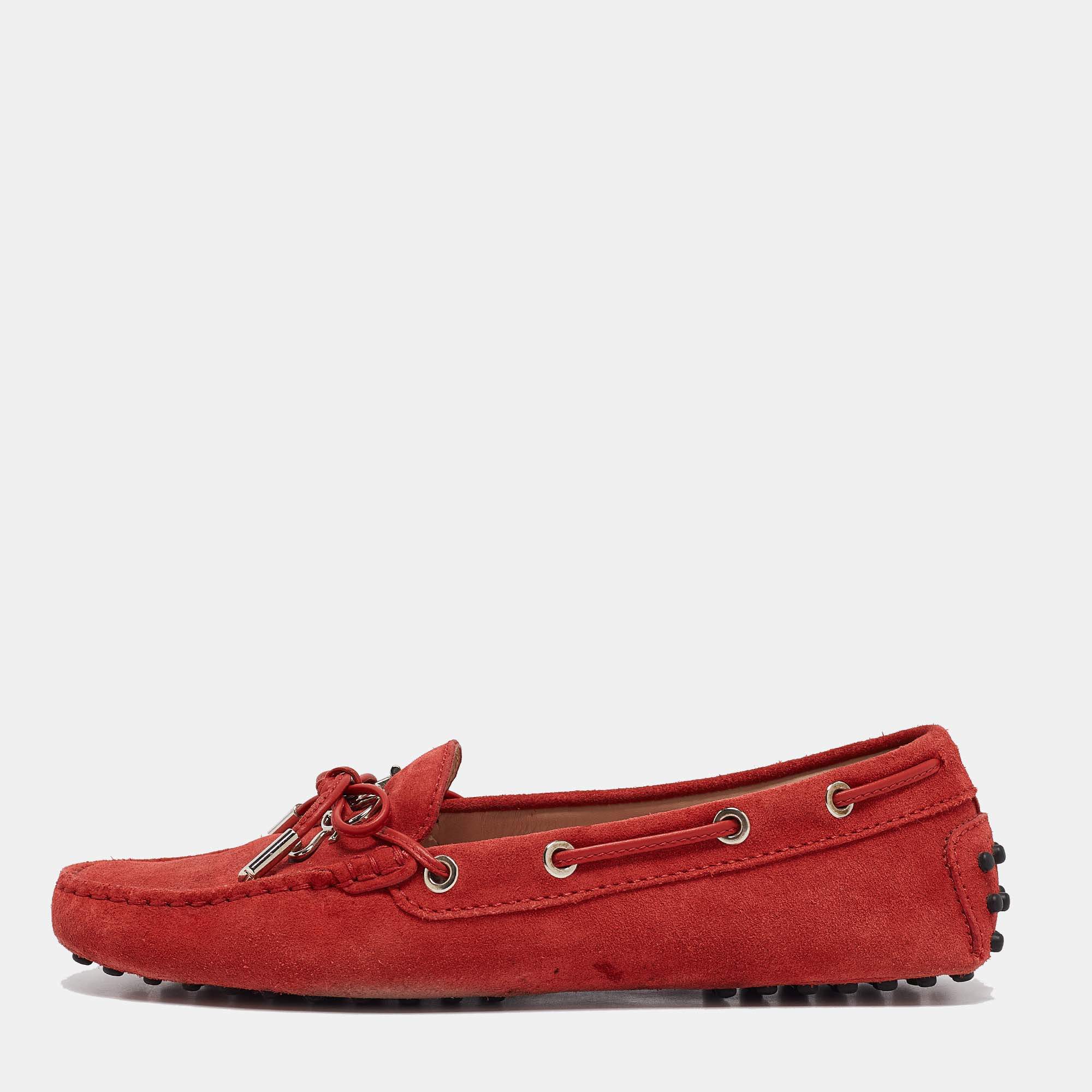 Pre Owned Tod's Red Suede Penny Loafers Size 38.5