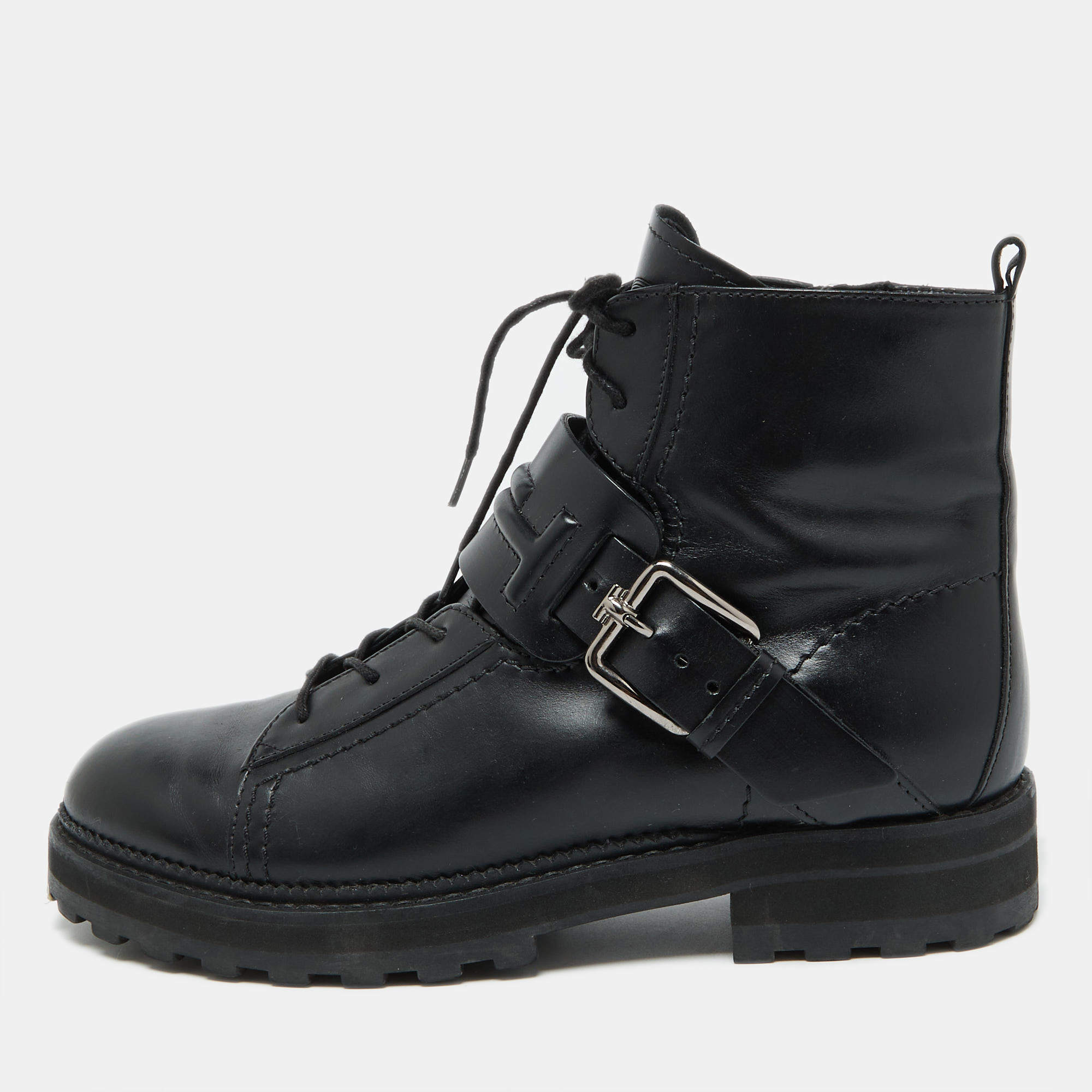 Pre Owned Tod's Black Leather Buckle Accented Combat Ankle Length Boots Size 39
