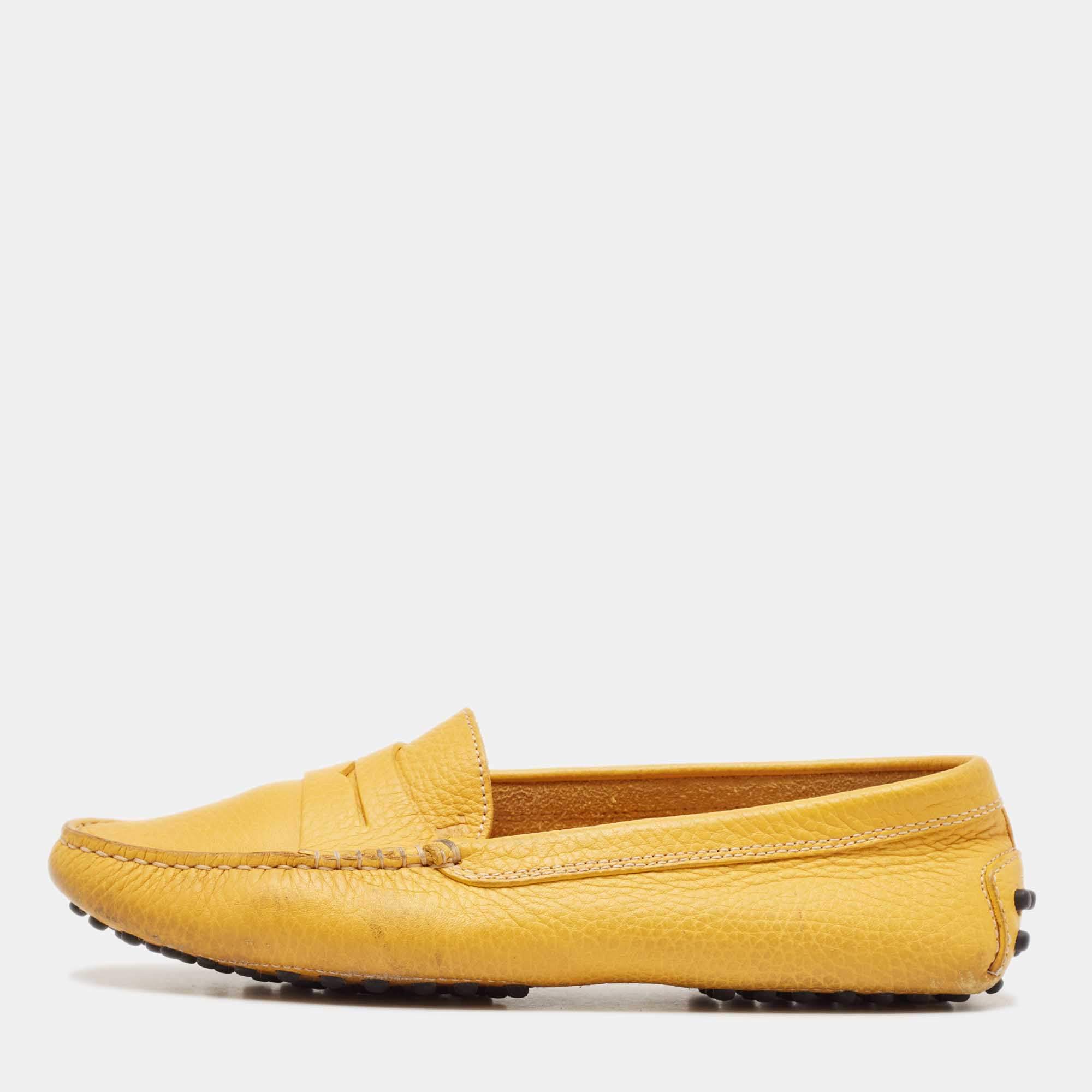 Tod's Yellow Perforated Leather Slip On Loafers Size 36