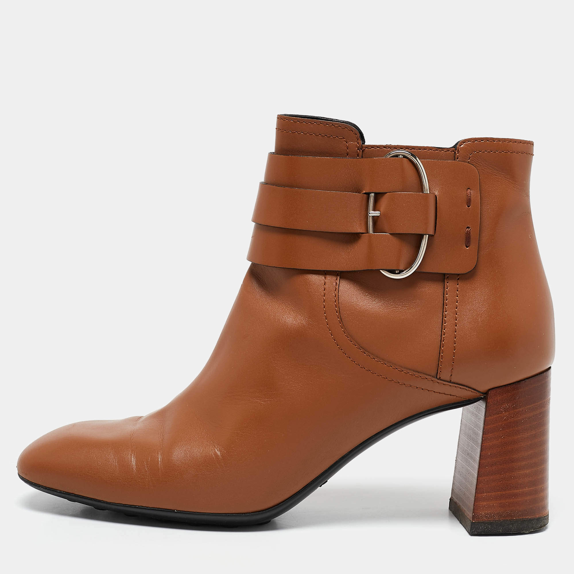 Pre Owned Tod's Brown Leather Buckle Detail Ankle Booties Size 39