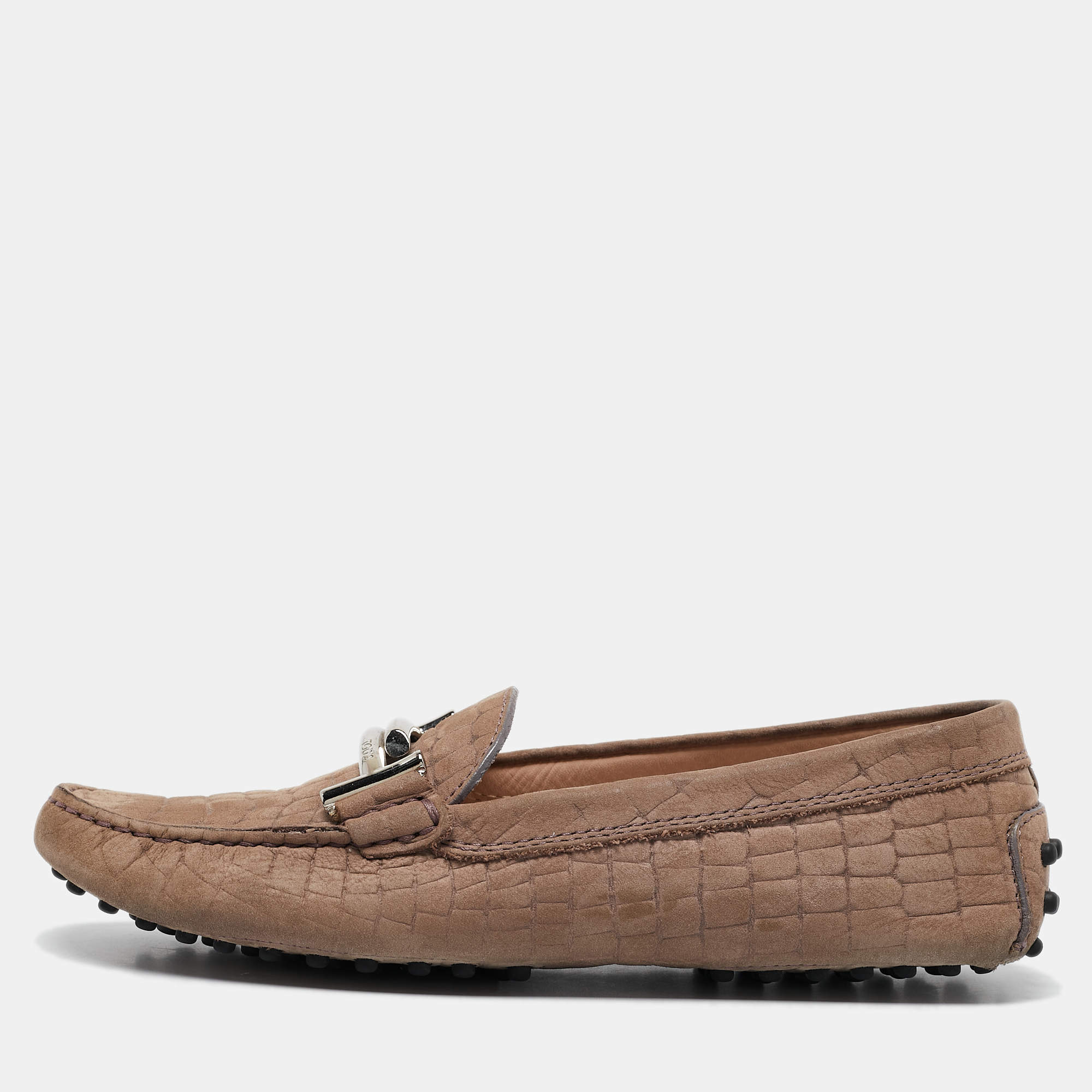 Tod's Brown Croc Embossed Leather Double T Loafers Size 37