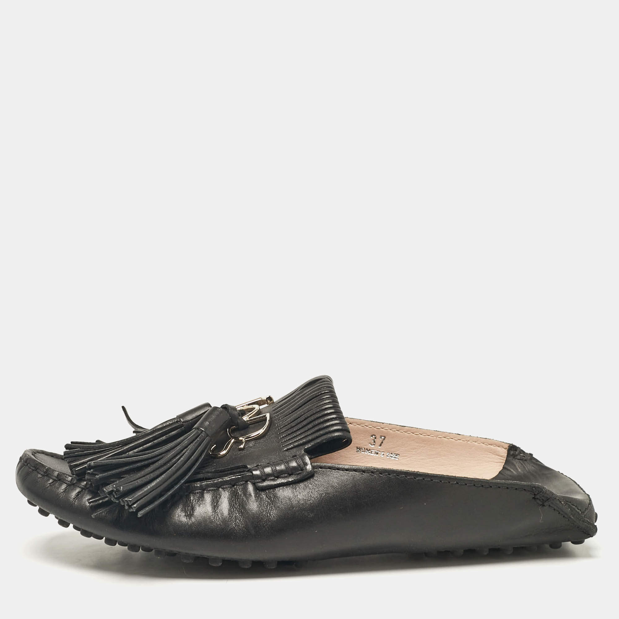 Tod's Black Leather Gommino Tassel Trim Mules Size 37