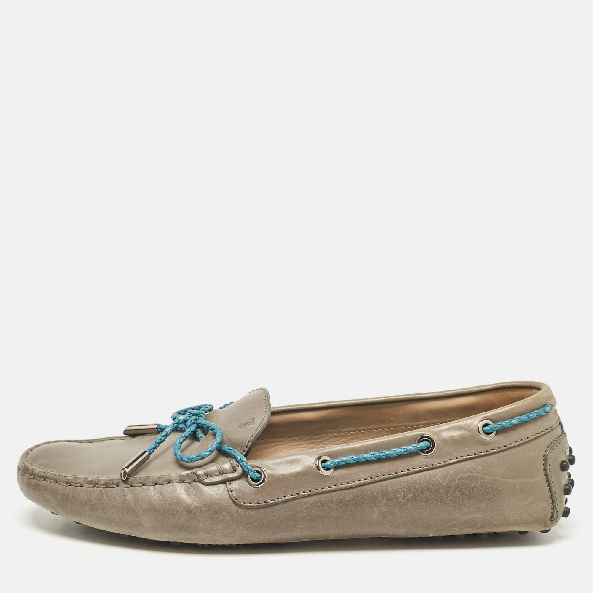Pre Owned Tod's Grey/Blue Leather Braided Bow Slip On Loafers Size 40