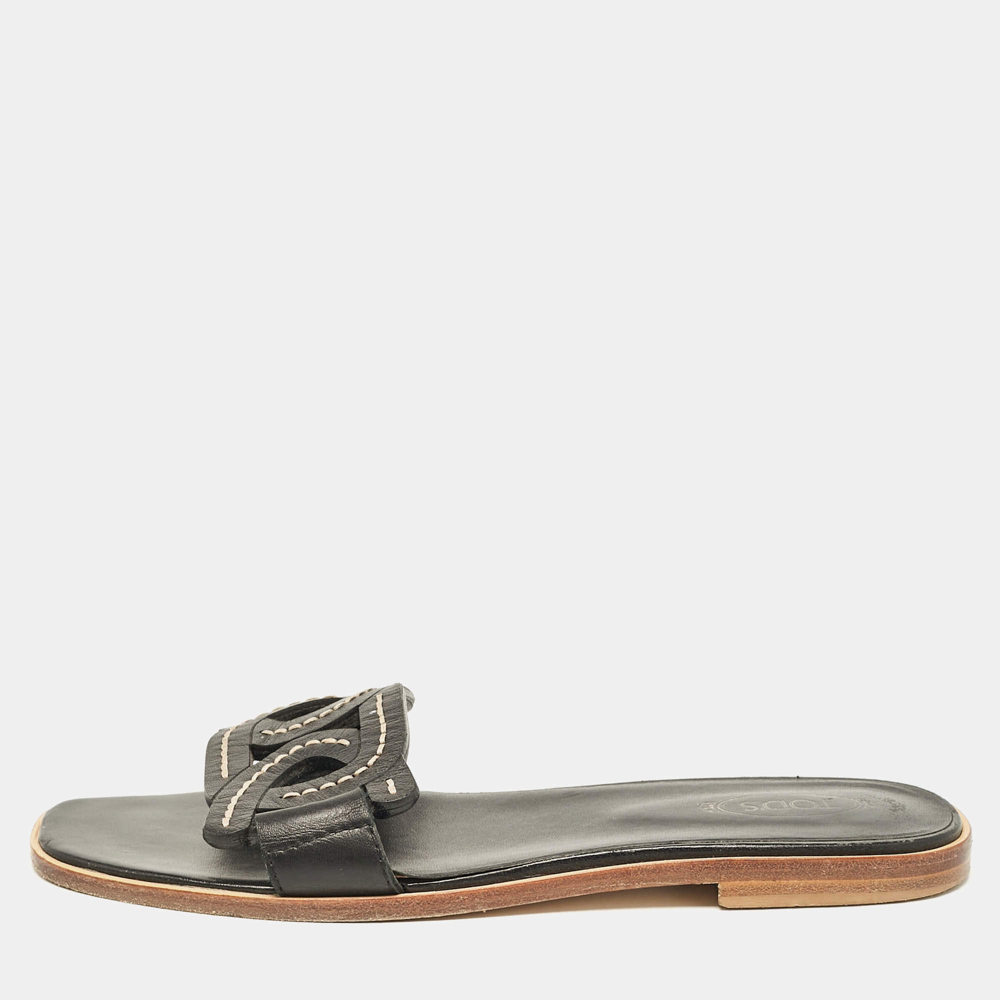 Pre Owned Tod's Black Leather Kate Flat Sandals Size 38