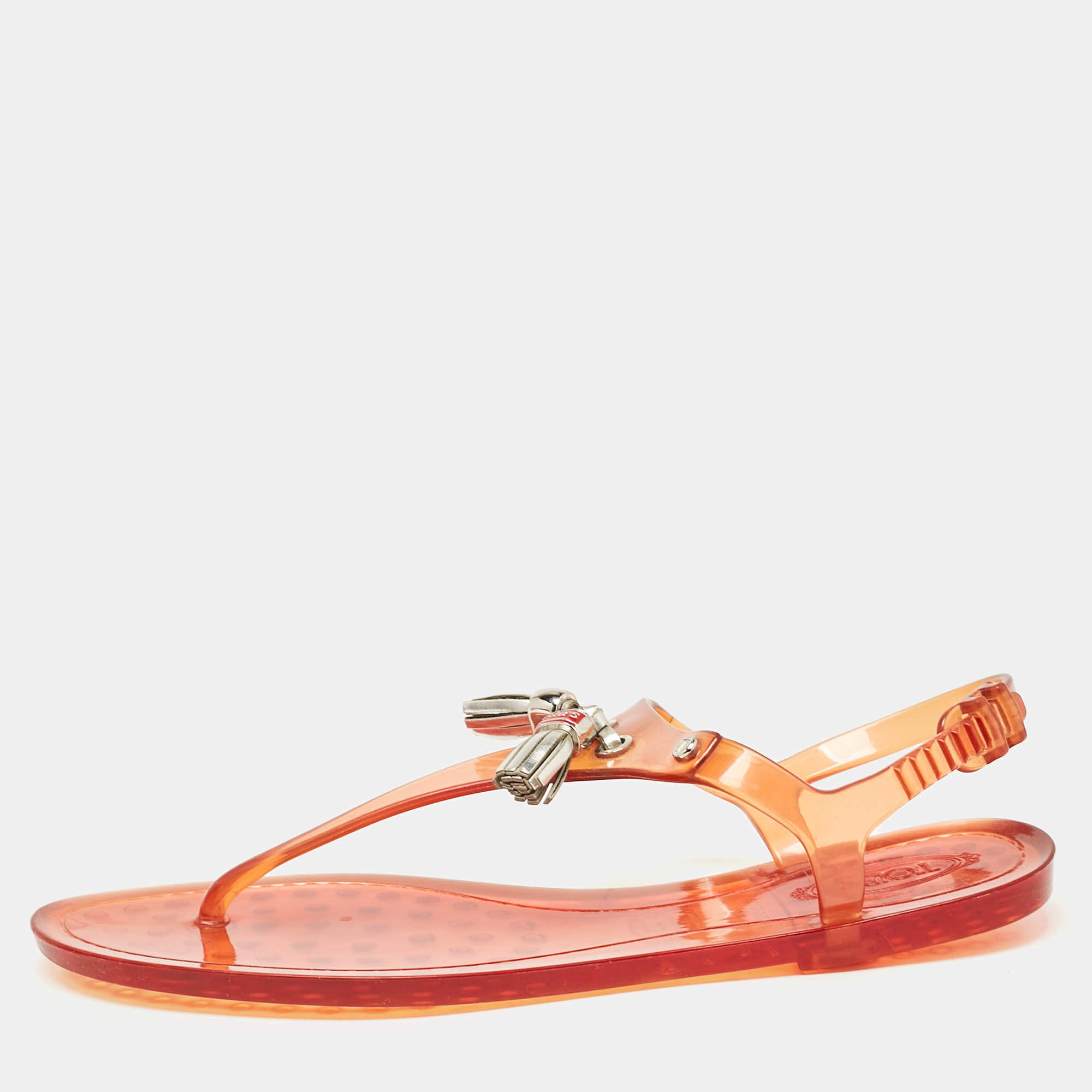Tod's Orange Jelly Tassel Thong Slingback Flat Sandals Size 39