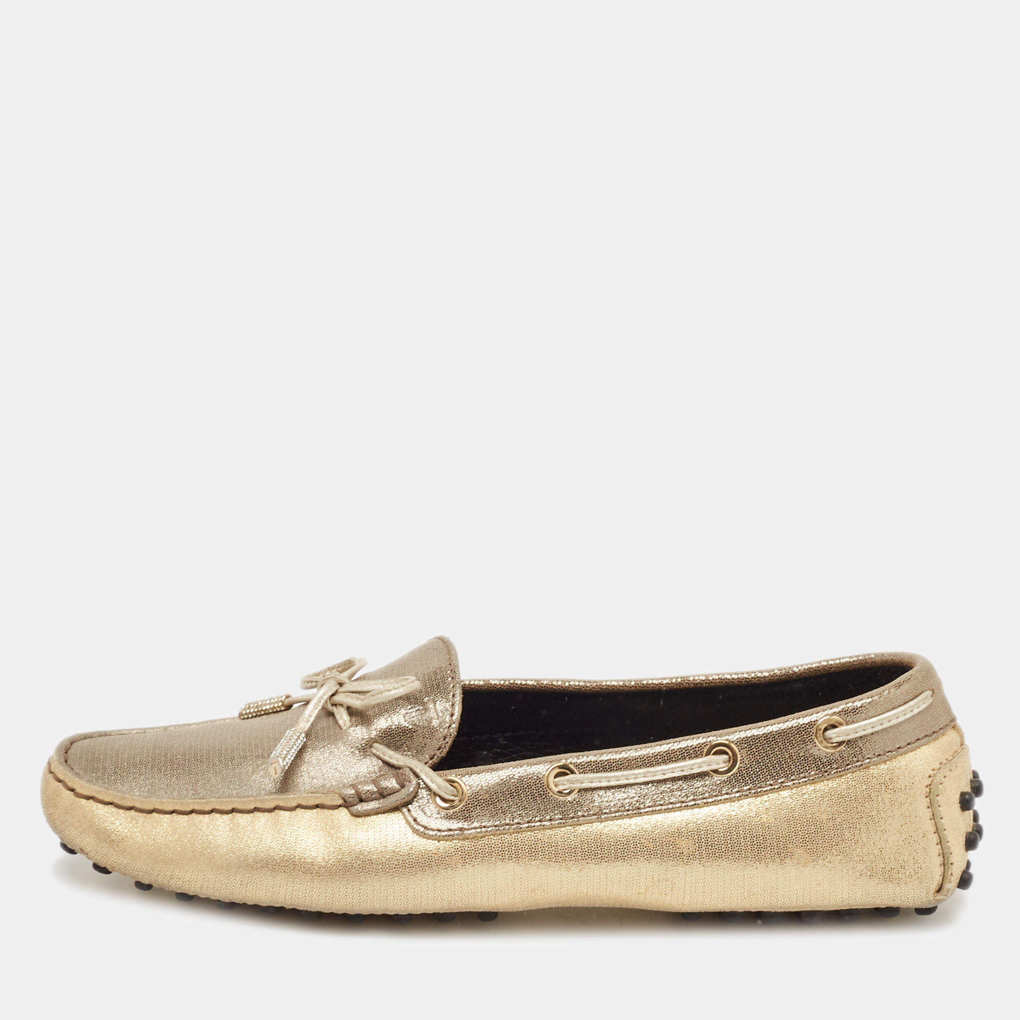 Tod's Grey/Gold Textured Suede Bow Slip On Loafers Size 38