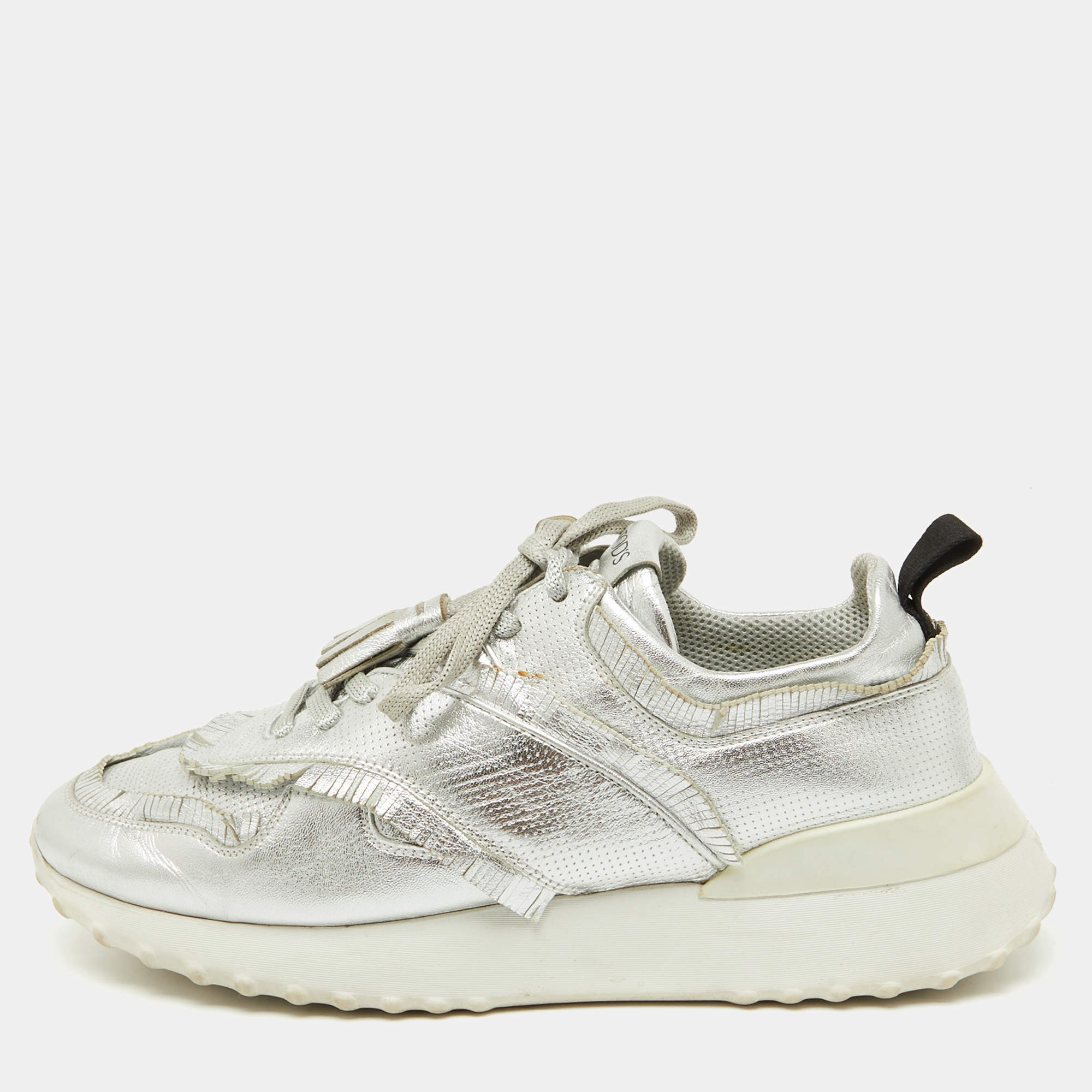 Tod's Silver Perforated Leather Low Top Sneakers Size 39.5
