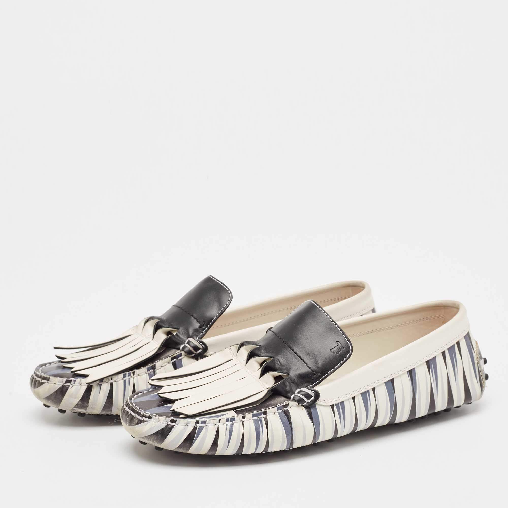 Pre Owned Tod's Navy Blue/White Printed Leather Fringe Slip On Loafers Size 39.5