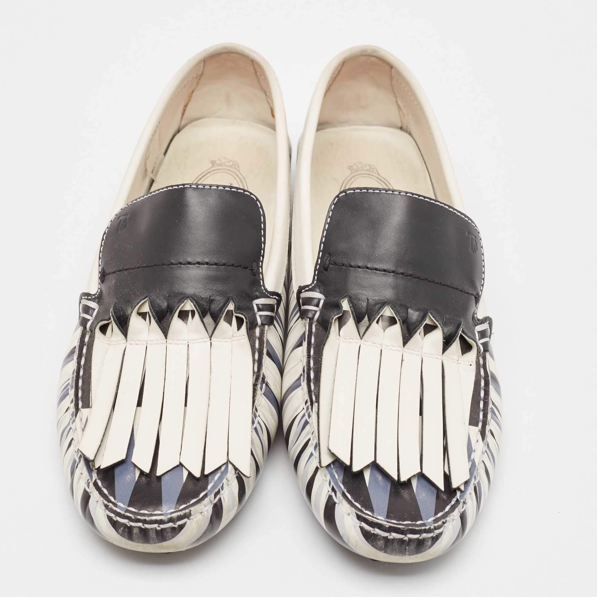 Pre Owned Tod's Navy Blue/White Printed Leather Fringe Slip On Loafers Size 39.5