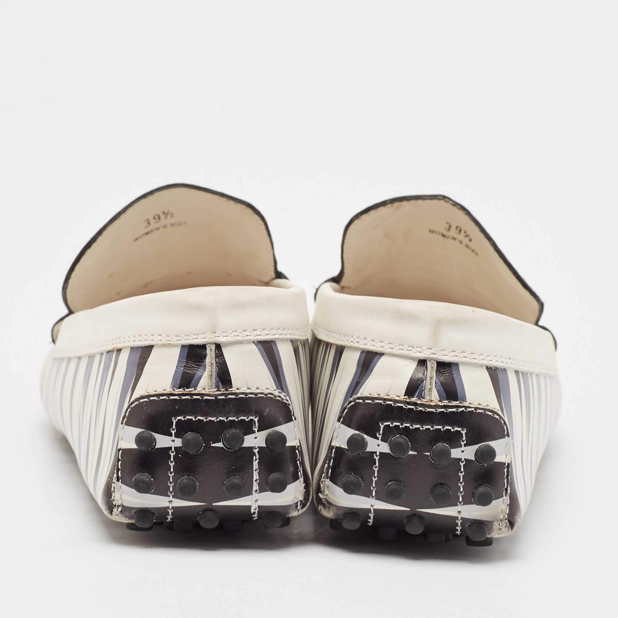 Pre Owned Tod's Navy Blue/White Printed Leather Fringe Slip On Loafers Size 39.5