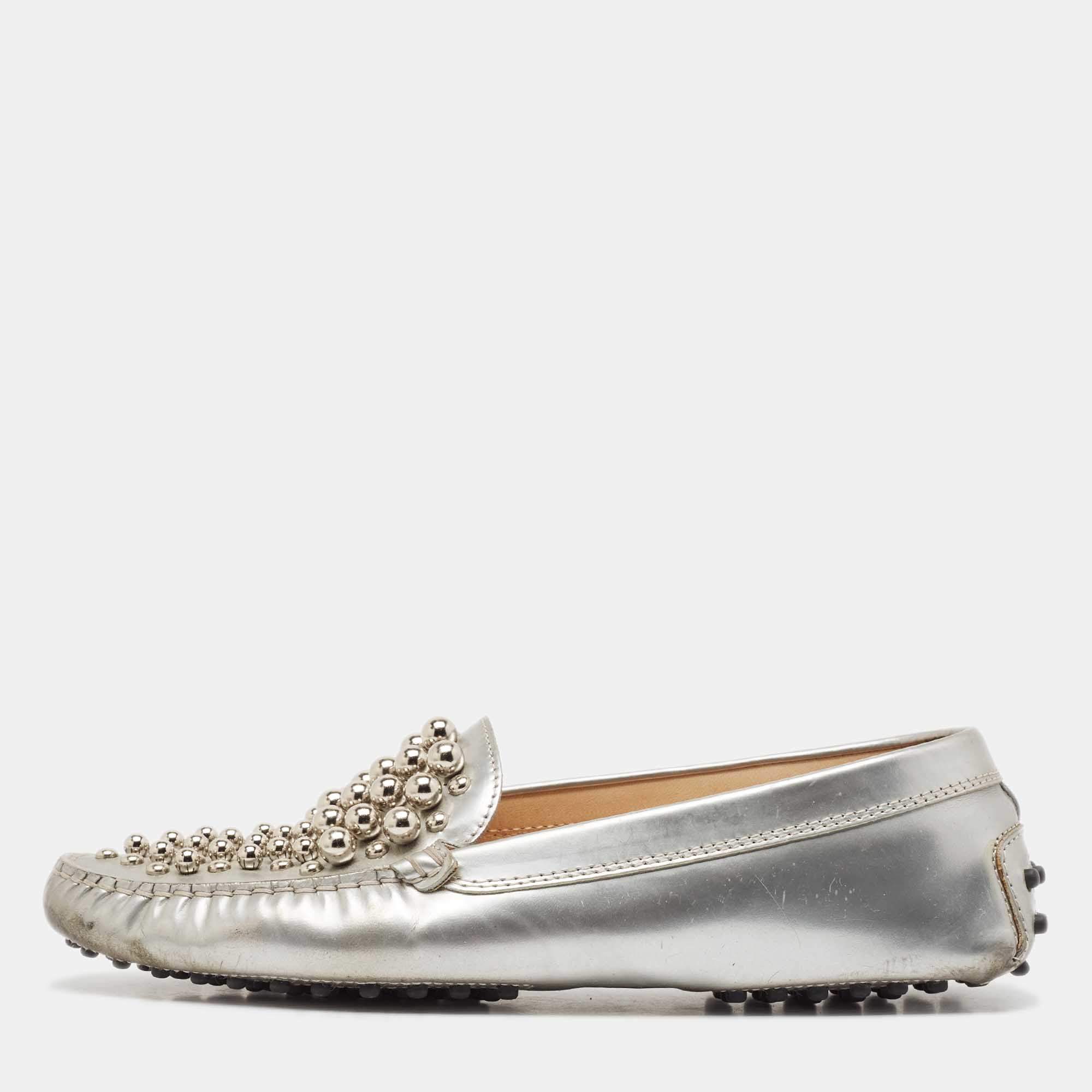 Tod's Silver Leather Studded Gommini Loafers Size 39.5