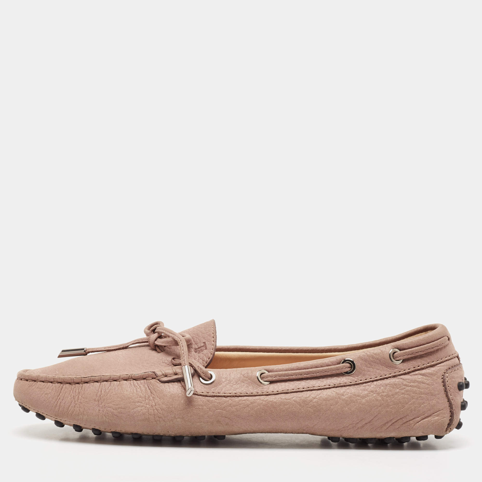 Tod's Brown Nubuck Leather Bow Scrunch Penny Loafers Size 40.5