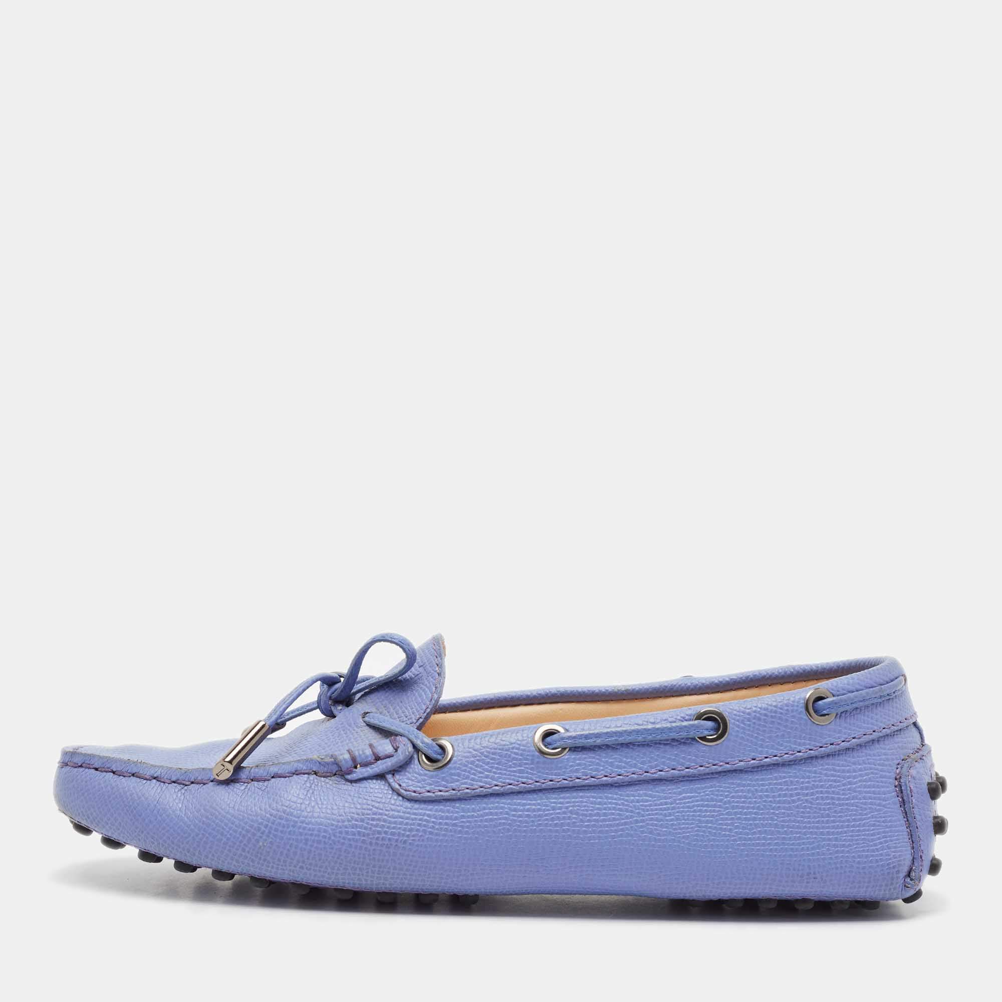 Pre Owned Tod's Blue Leather Bow Slip On Loafers Size 36