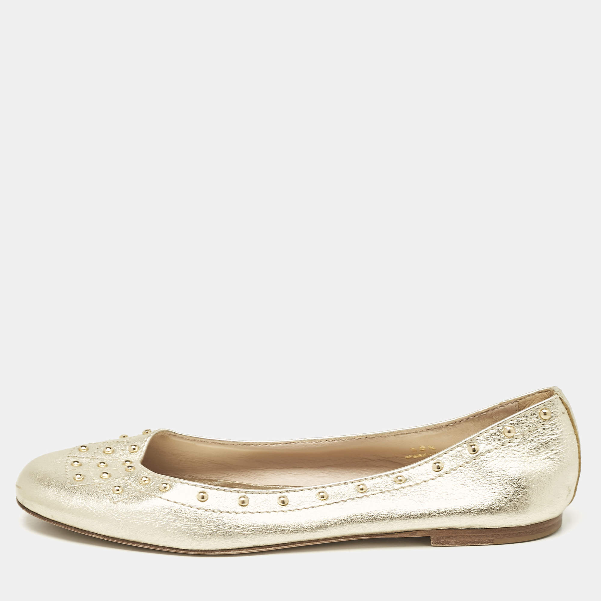 Tod's Metallic Gold Leather Studded Ballet Flats Size 39.5