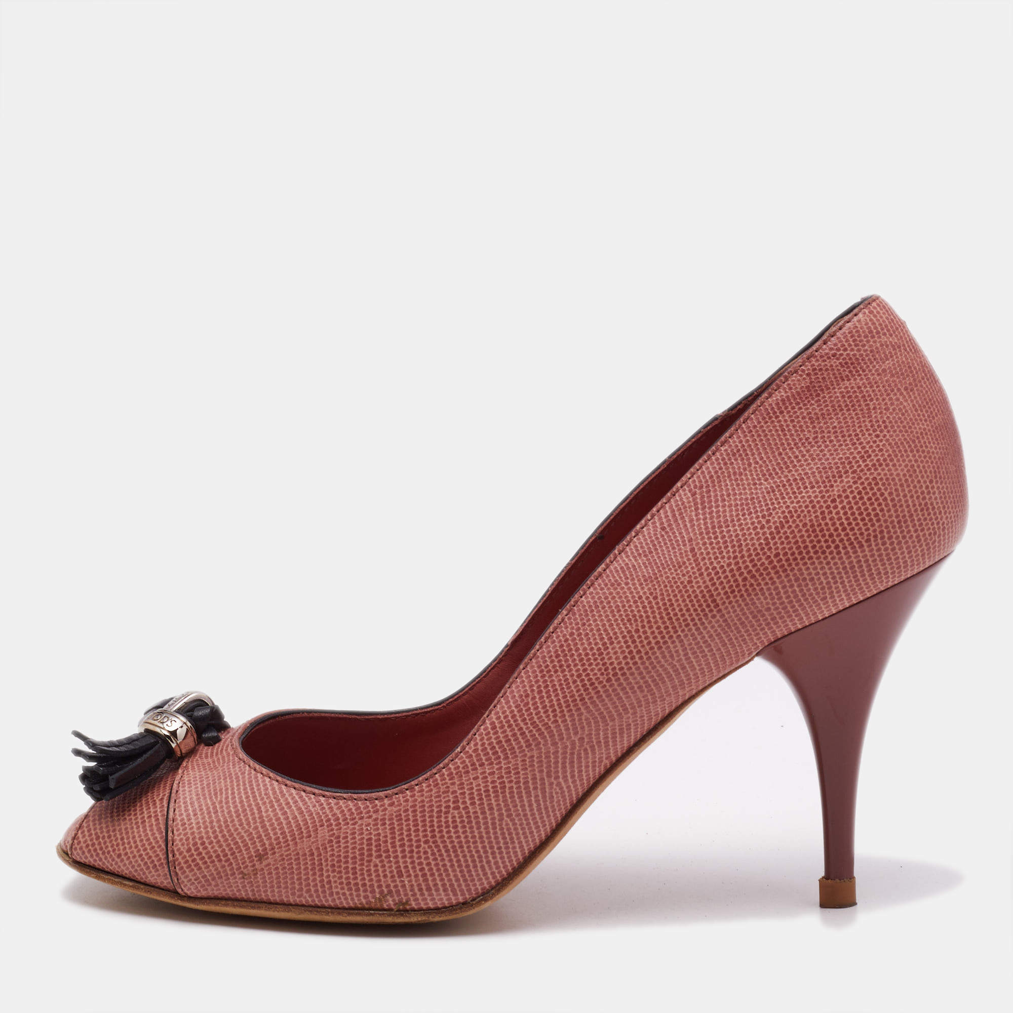 Tod's Pink Lizard Embossed Leather Peep Toe Pumps Size 38