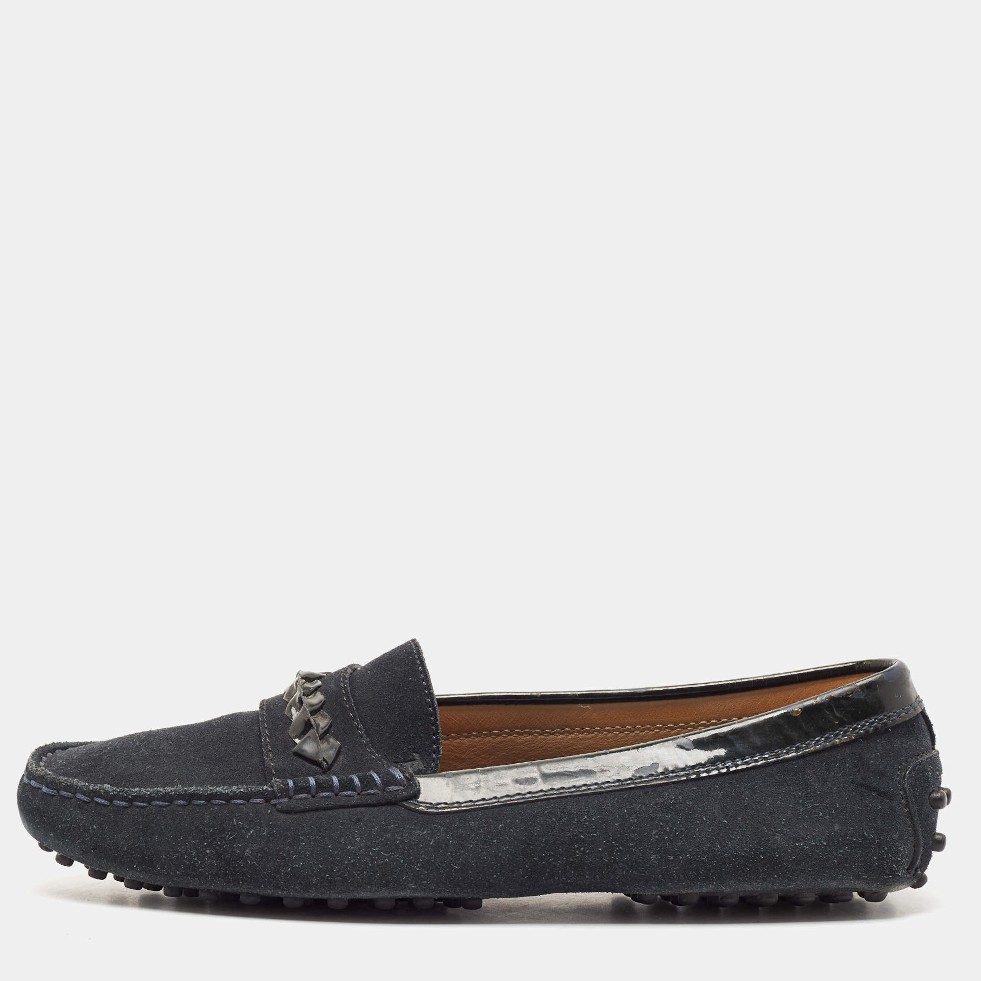 Tod's Dark Blue/Black Patent Leather and Suede Penny Loafers Size 37.5