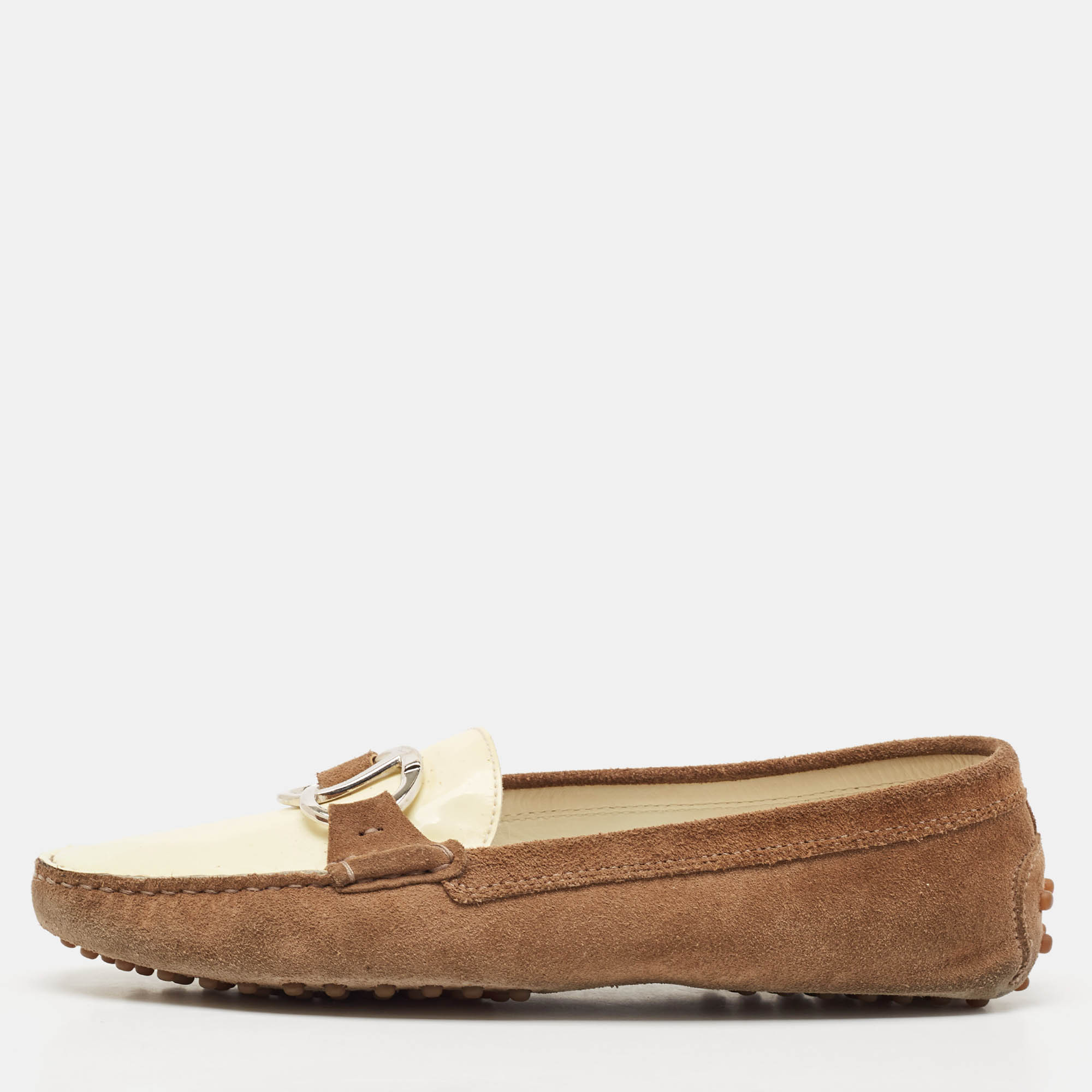 Tod's Brown/Cream Suede and Patent Leather Slip On Loafers Size 40